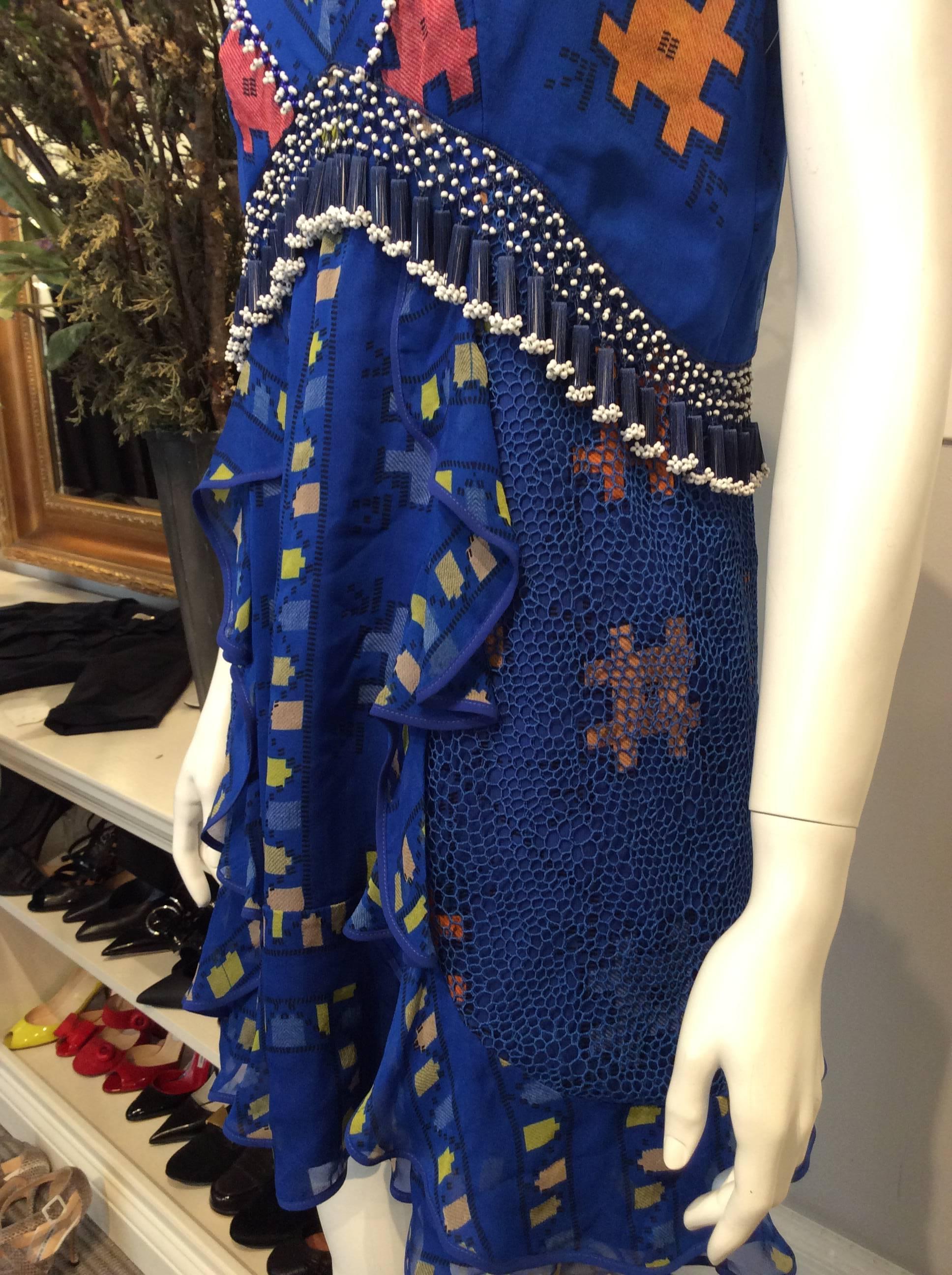 Zeynep Tosun Royal Blue Sleeveless Dress w/ Multicolor Tribal Pattern, Beads Sz2 2