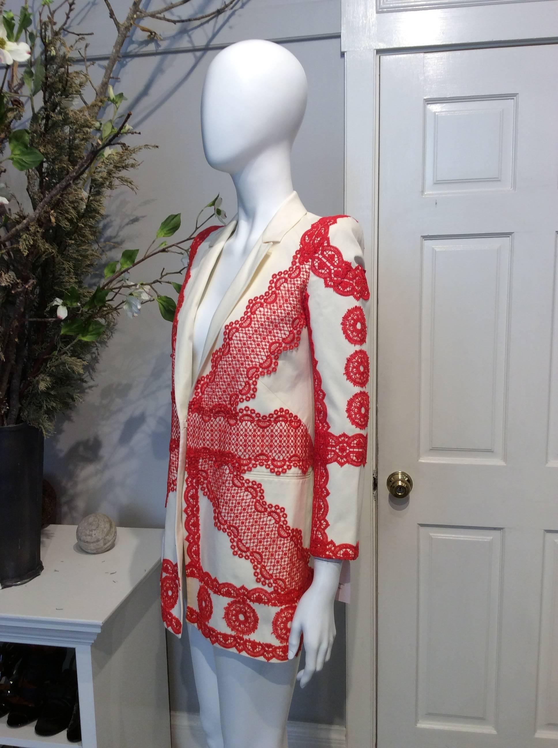 Brown Givenchy Ivory Cotton Jacket with Deep Coral Lace Stitching Sz Fr34/Us2 For Sale