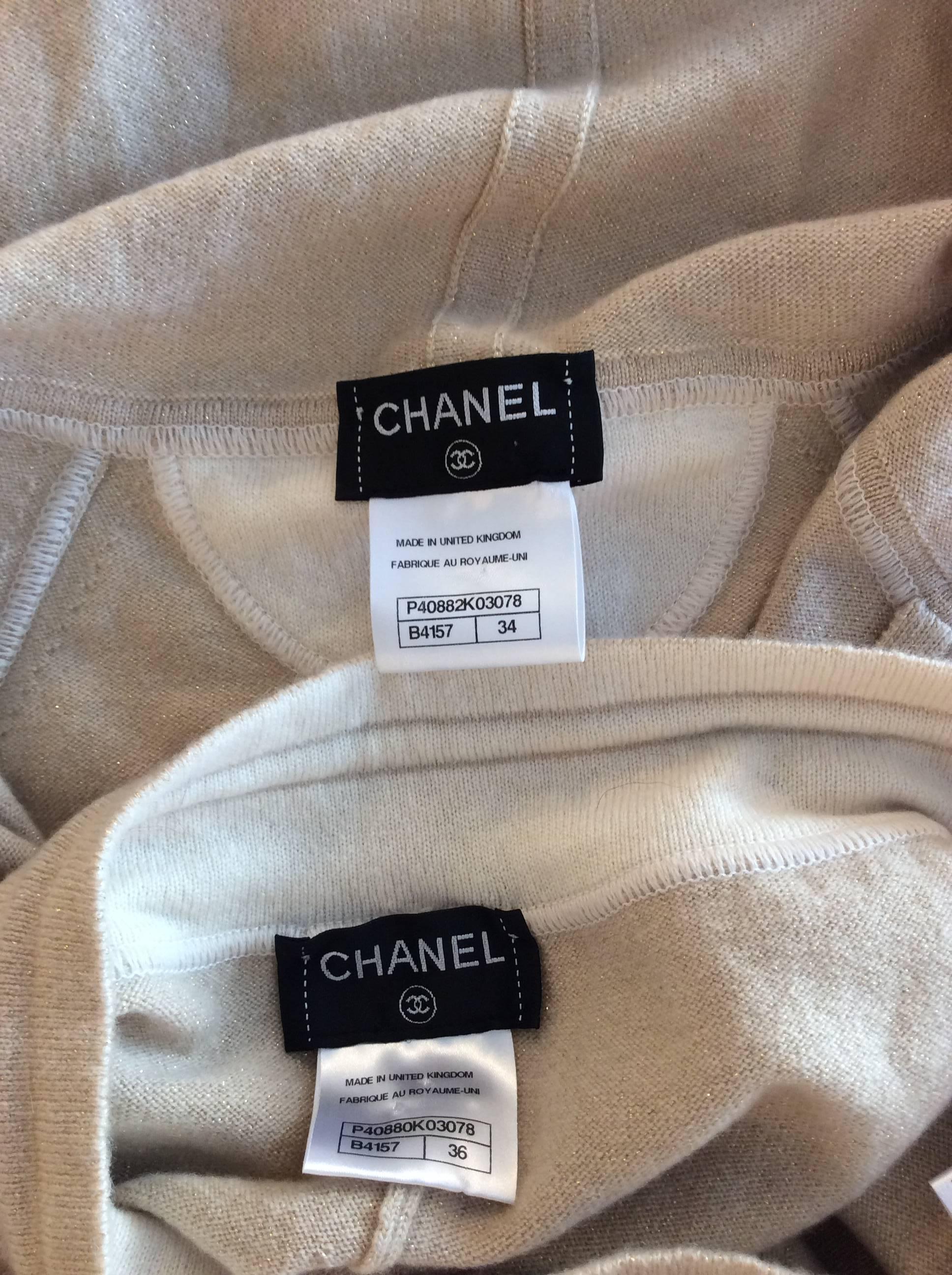 Chanel Gold and Beige Long Sleeve Hooded Cashmere Tracksuit Sz Fr34, US2 4