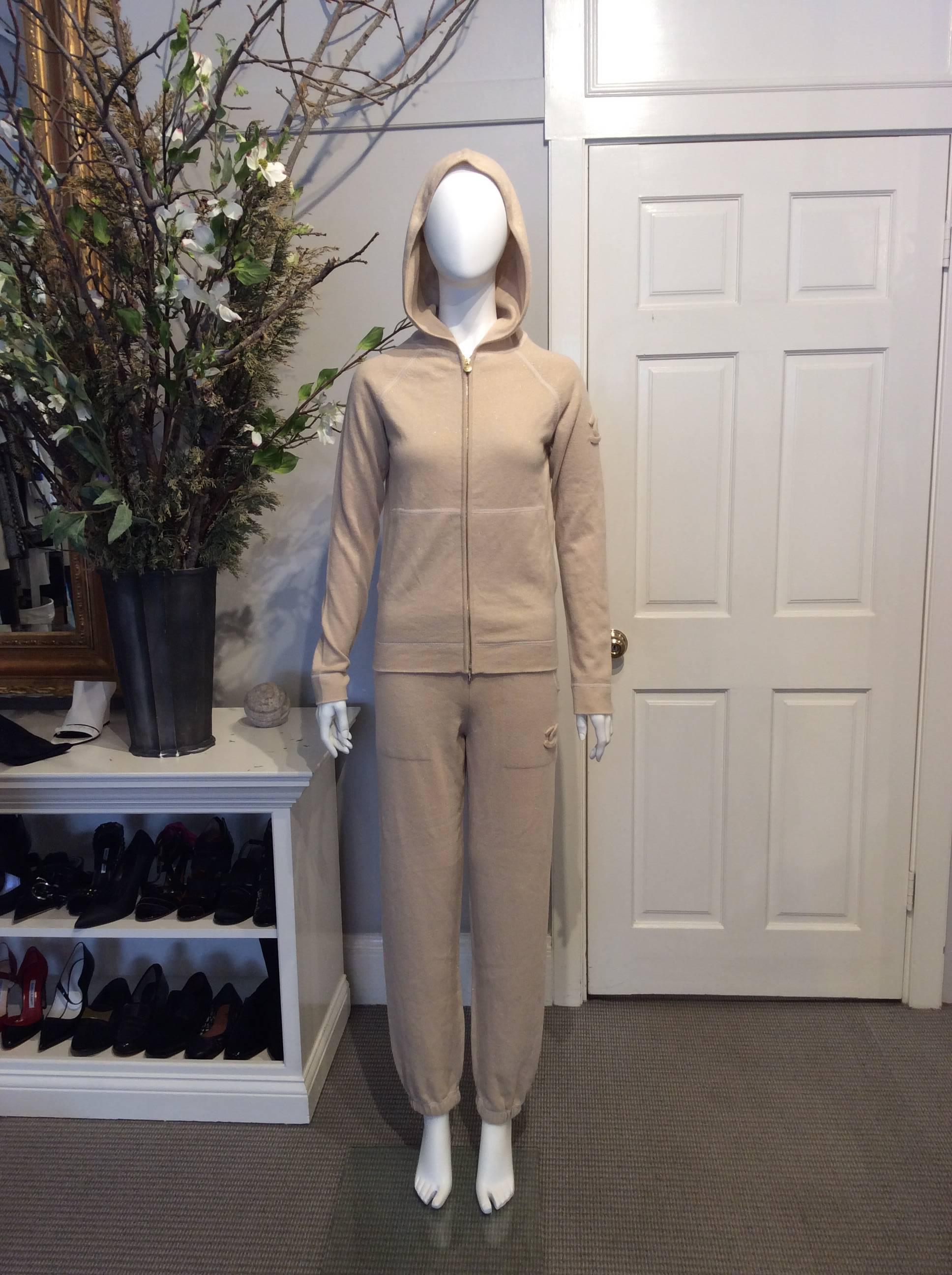Chanel beige long sleeve cashmere tracksuit with hood. Gold threading throughout. Knit stitched 