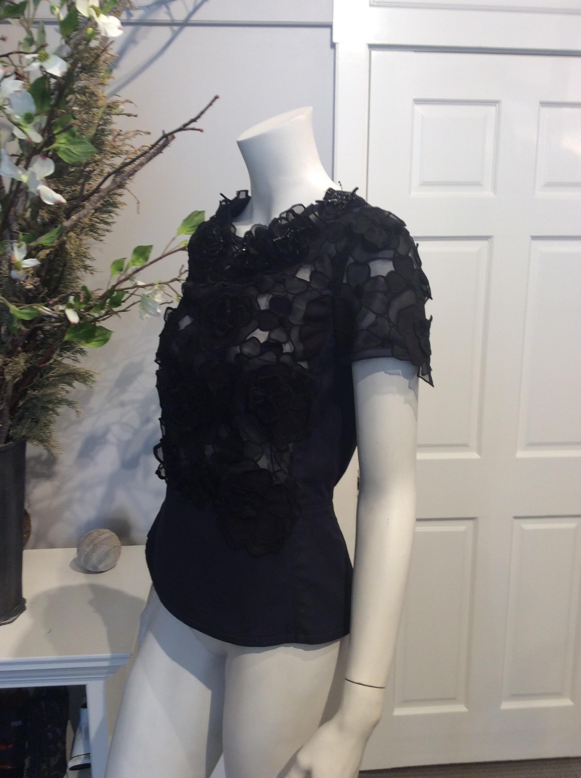 Women's Louis Vuitton Navy and Black Semi Sheer Top w/ Flowers and Beads Sz Fr38/Us6 For Sale