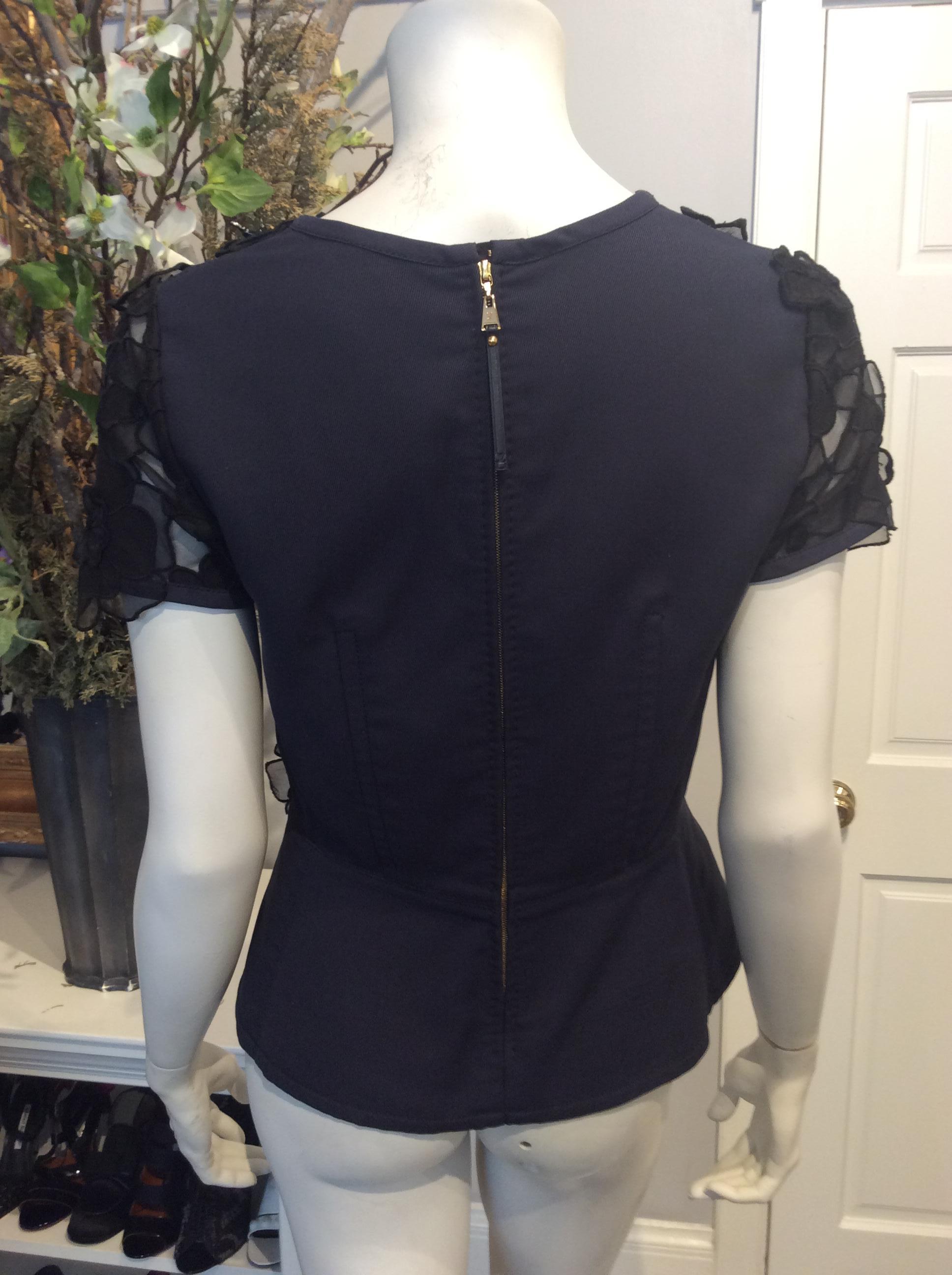 Louis Vuitton Navy and Black Semi Sheer Top w/ Flowers and Beads Sz Fr38/Us6 For Sale 1