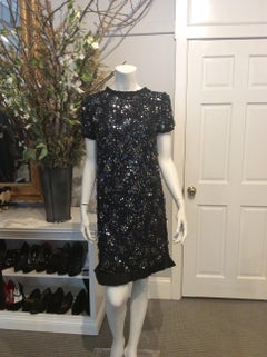 Lanvin Multicolor Sequins Black Ribbon Ruffle Trim Navy Shift Dress