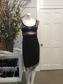 Dolce and Gabbana Black Lace Dress with Gunmetal Leather Trim and Belt Sz42/Us6