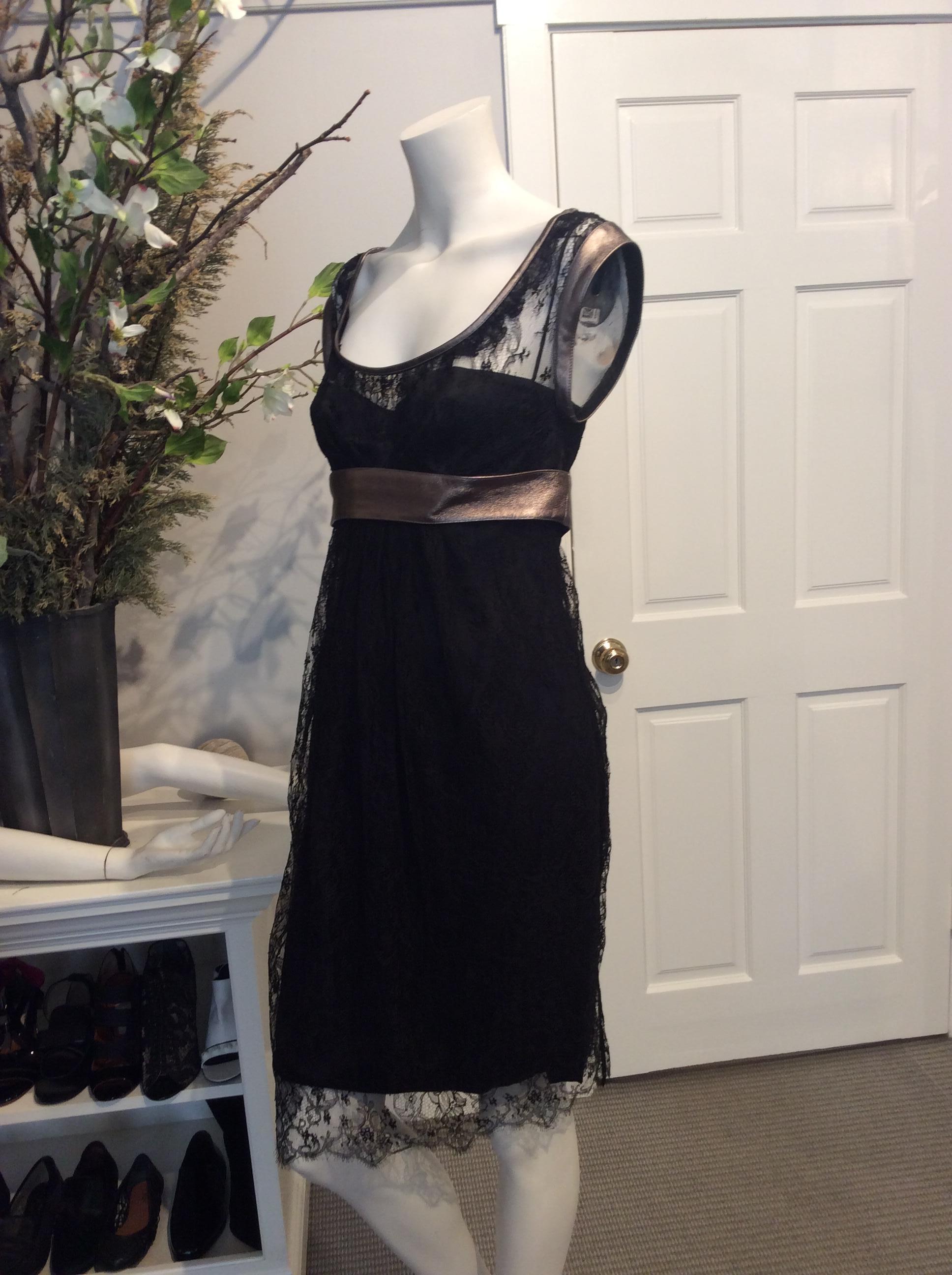 Dolce and Gabbana Black Lace Dress with Gunmetal Leather Trim and Belt Sz42/Us6 In Excellent Condition For Sale In San Francisco, CA