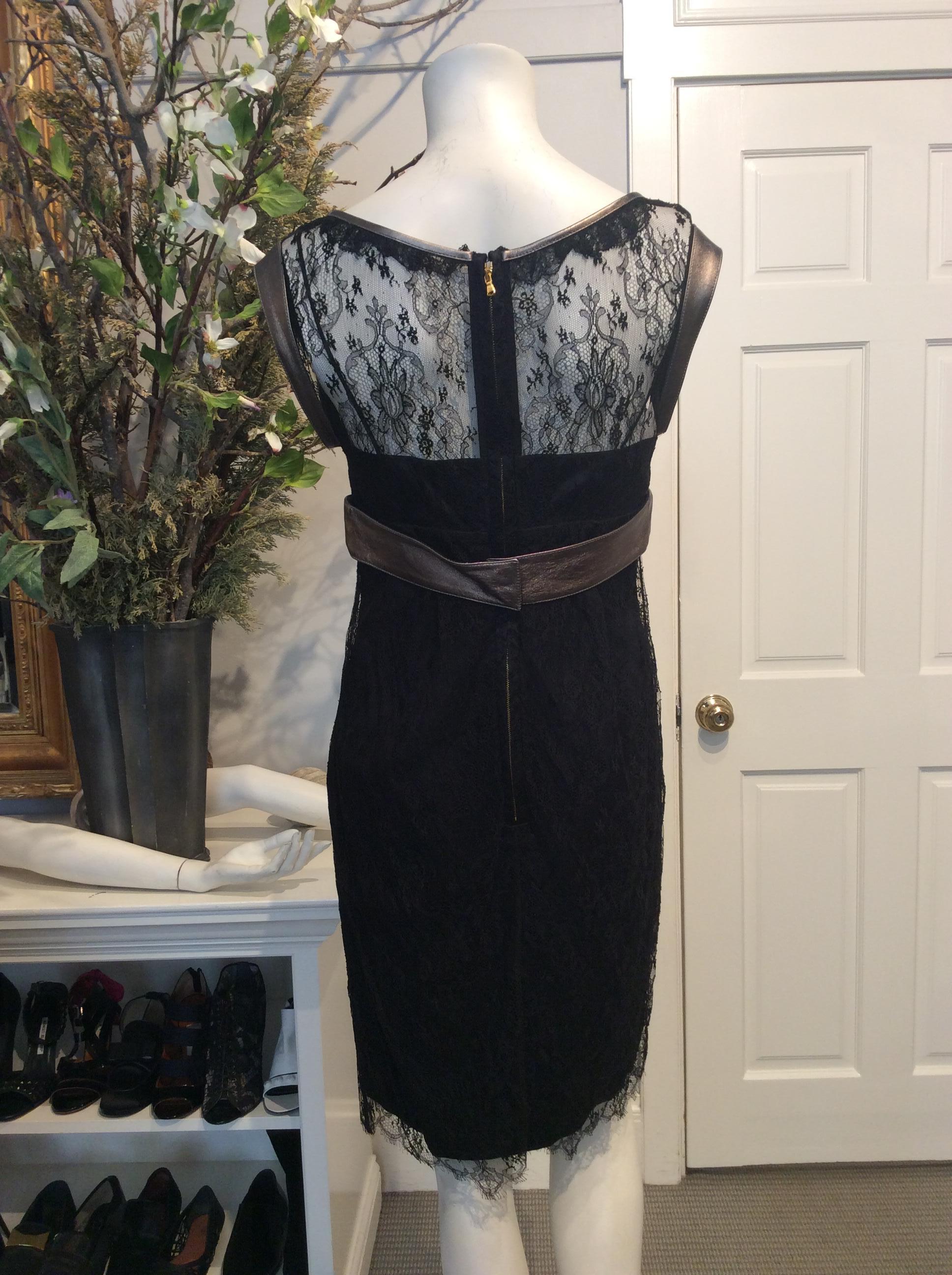 Dolce and Gabbana Black Lace Dress with Gunmetal Leather Trim and Belt Sz42/Us6 For Sale 1