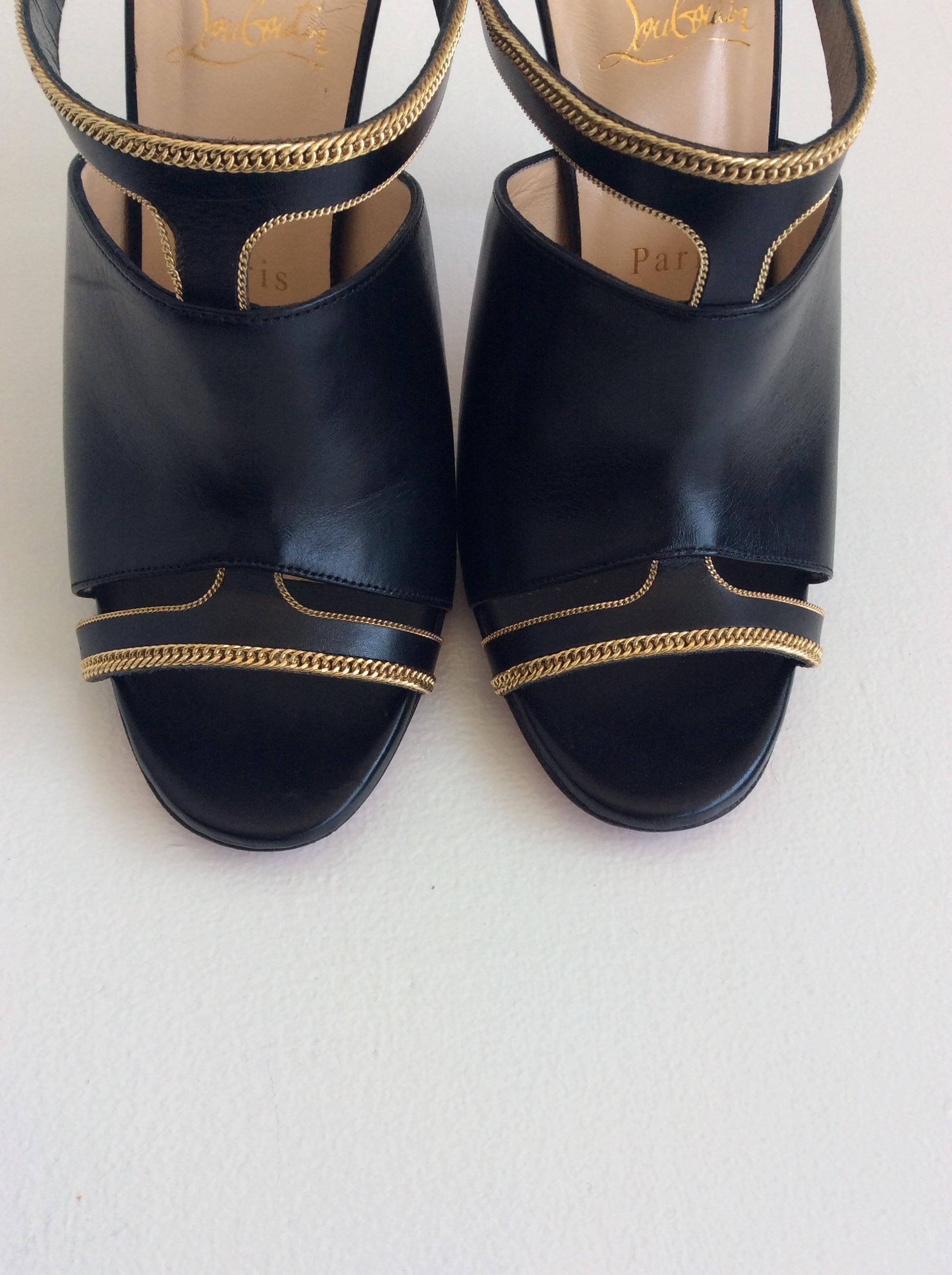 Women's Christian Louboutin Black Leather Gold Chainlink Stiletto (Sz 37.5/Us 7.5)