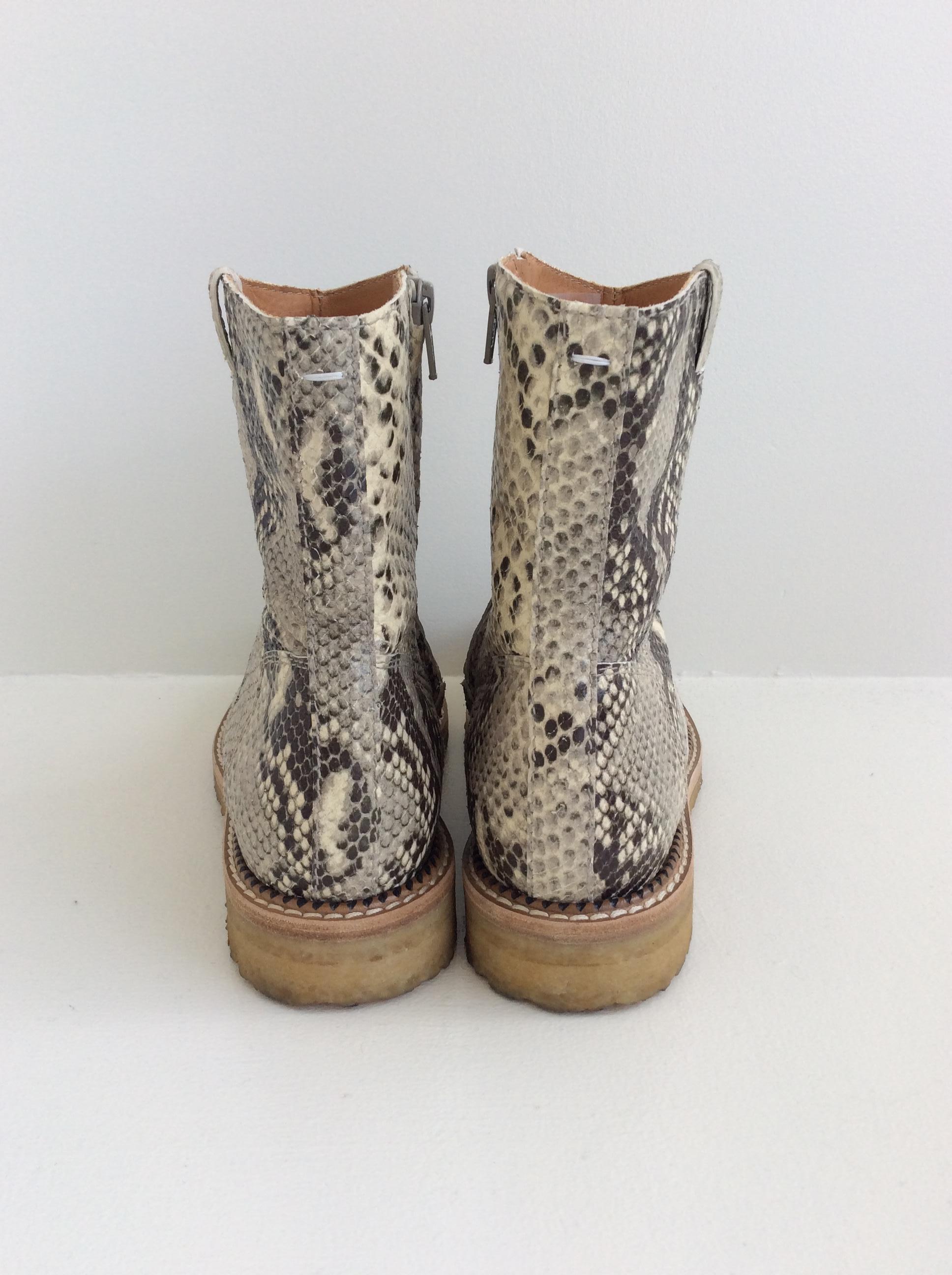 Maison Martin Margiela snakeskin ankle boot with rubber sole and side zipper. 