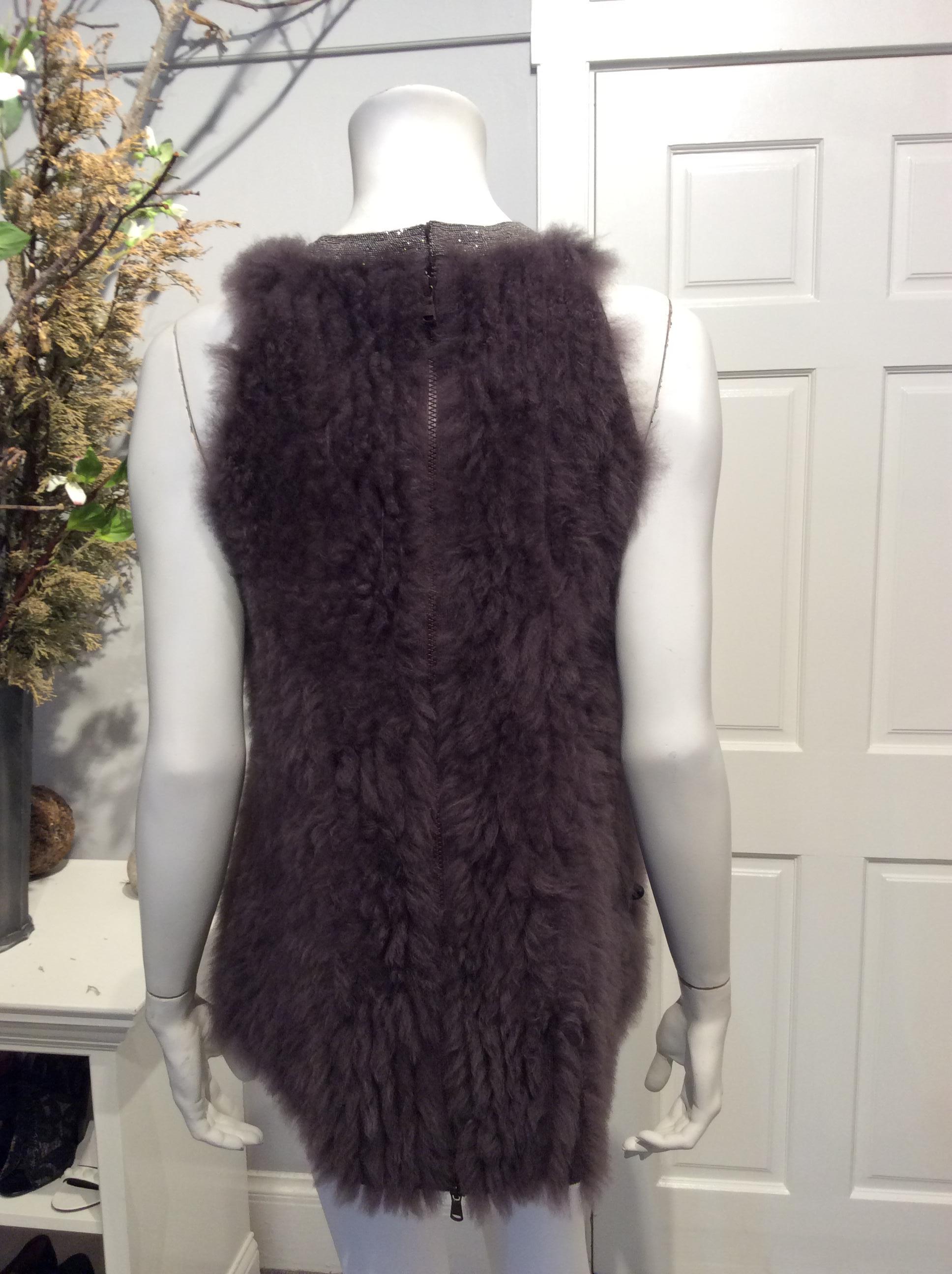 Brunello Cucinelli dark taupe cashmere with super soft cashmere goat fur “stripes” over knit top, silver monili beading at neckline. 

Hi-low cut; full-length back zipper. [Note: Symmetrical hi-low cut, though main photo makes top appear
