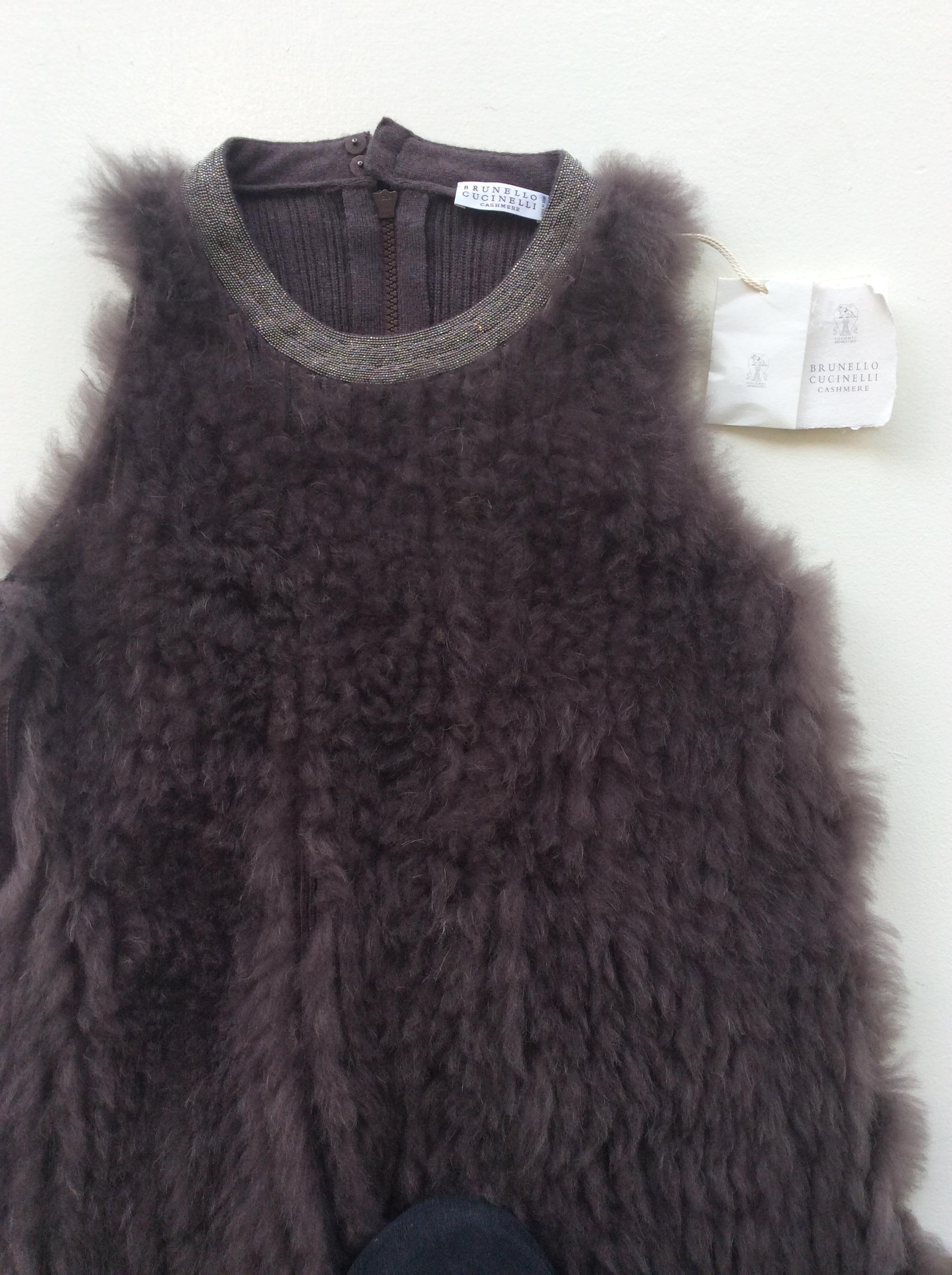 Women's Brunello Cucinelli Taupe Cashmere/Goat Fur Knit Top, Silver Monili Bead Neckline
