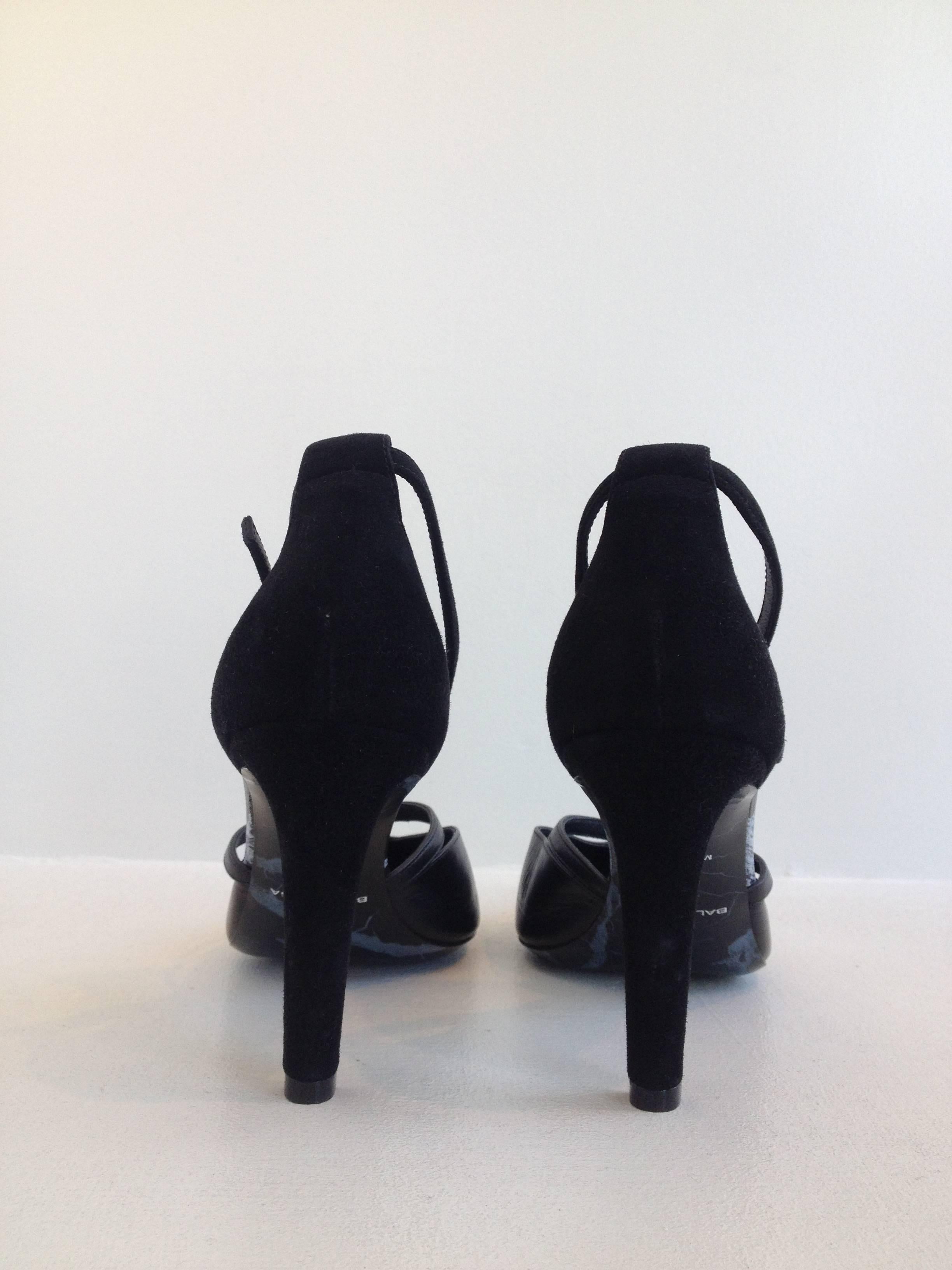 Balenciaga Black Suede and Leather Ankle Strap Heels Size 38 (7.5) In New Condition For Sale In San Francisco, CA