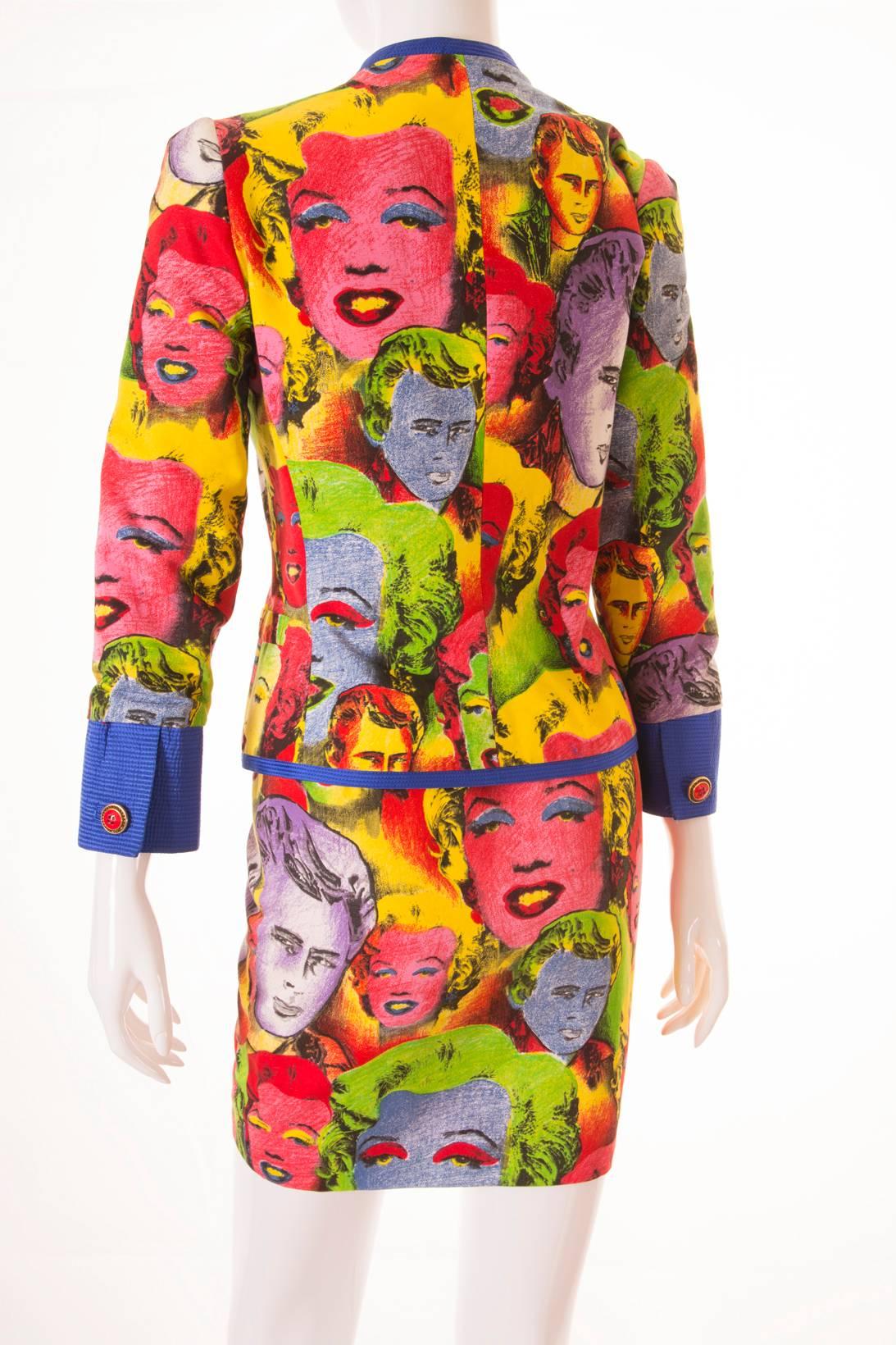 No print is more iconic to the house of Versace than the pop art inspired print featured on this skirt suit.  The instantly recognisable Warhol inspired print features images of Marilyn Monroe and James Dean all over in shockingly vibrant hues. 