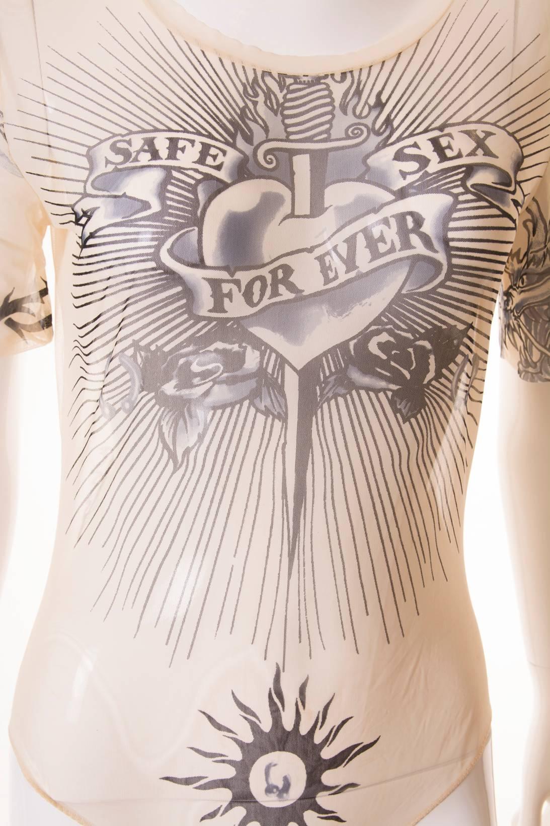 Rare Jean Paul Gaultier 'Safe Sex Forever' Sheer Tattoo Bodysuit In Excellent Condition In Brunswick West, Victoria