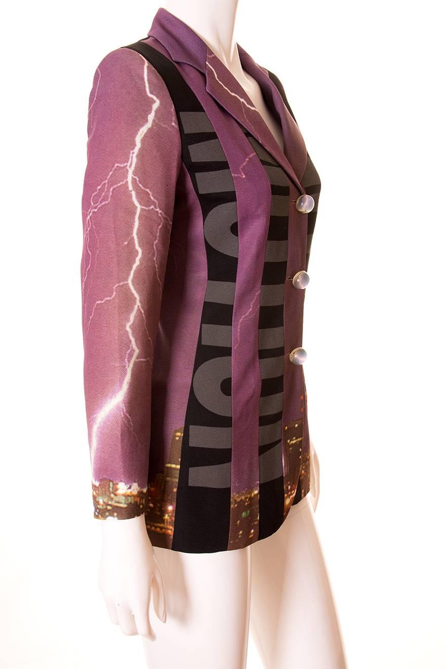 An incredible and rare jacket by Moschino Cheap and Chic.  This piece features the words 