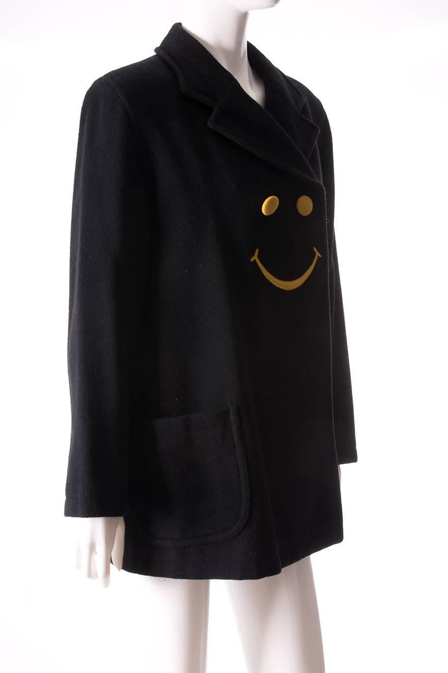 Black Moschino Smiley Face Pea Coat
