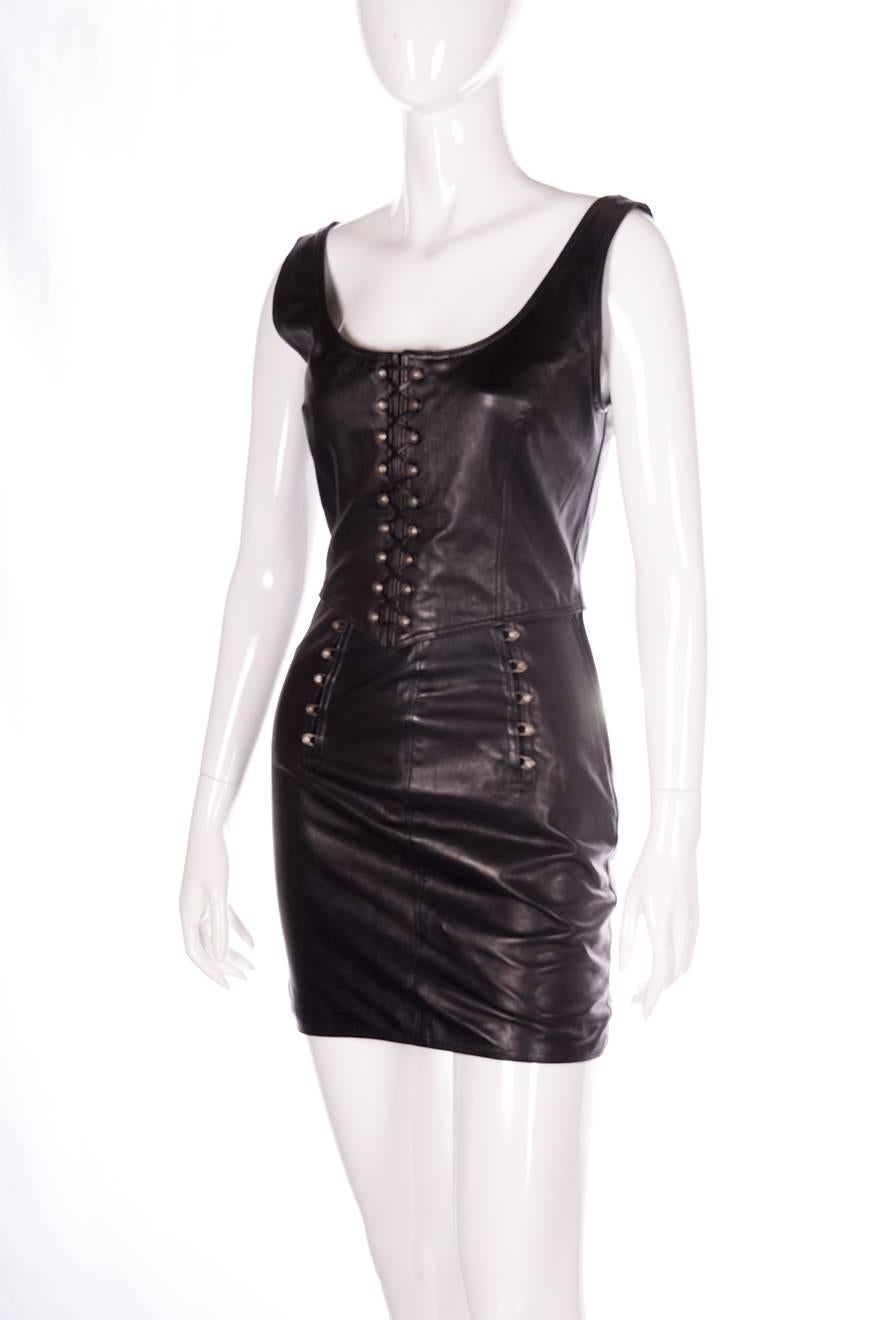 Black Gianni Versace Bondage Leather Skirt and Top Set