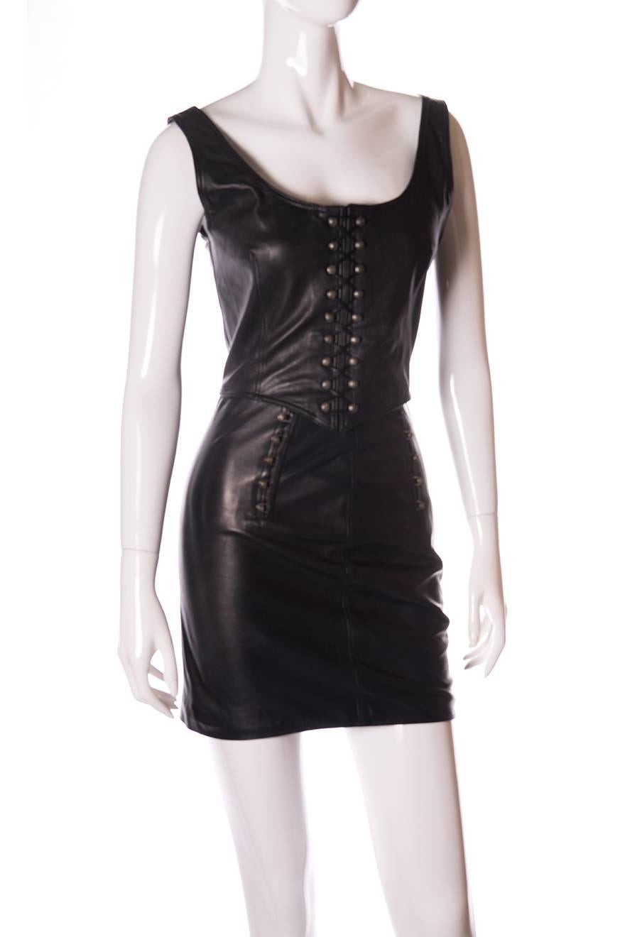 Gianni Versace Bondage Leather Skirt and Top Set In Excellent Condition In Brunswick West, Victoria