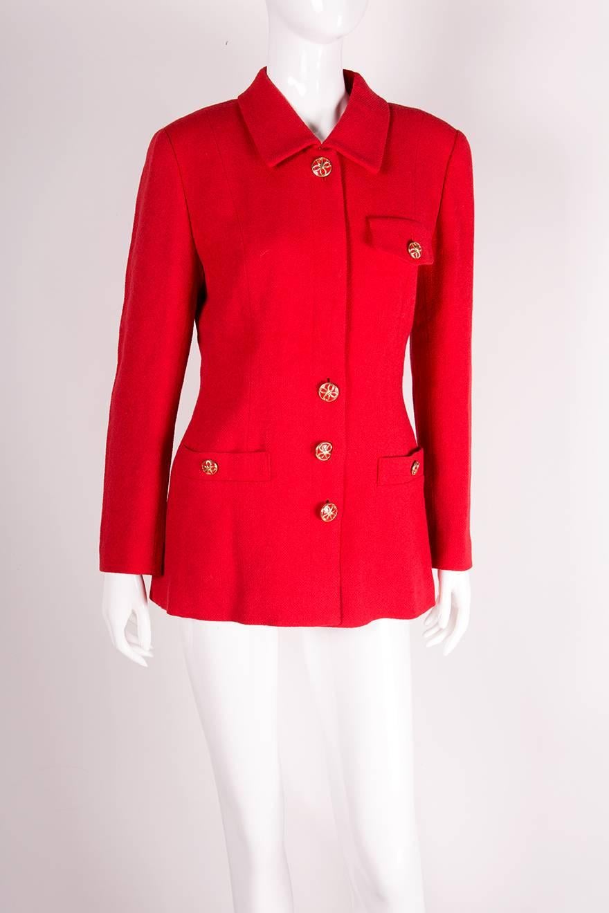 Beautifully tailored red jacket by Karl Lagerfeld with statement buttons.  Hidden placket.  Circa 80s.

Marked size: No marked size
To fit: S-M

Chest:  42 cm
Waist: 40 cm
Length: 70 cm
Sleeve: 72 cm

Excellent condition demonstrating few