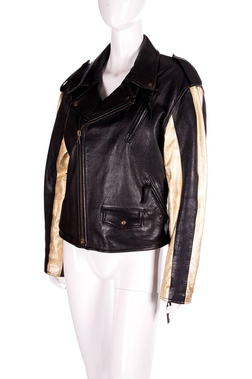 Moschino Leather Biker Jacket with Gold Stripe Sleeves In Excellent Condition In Brunswick West, Victoria
