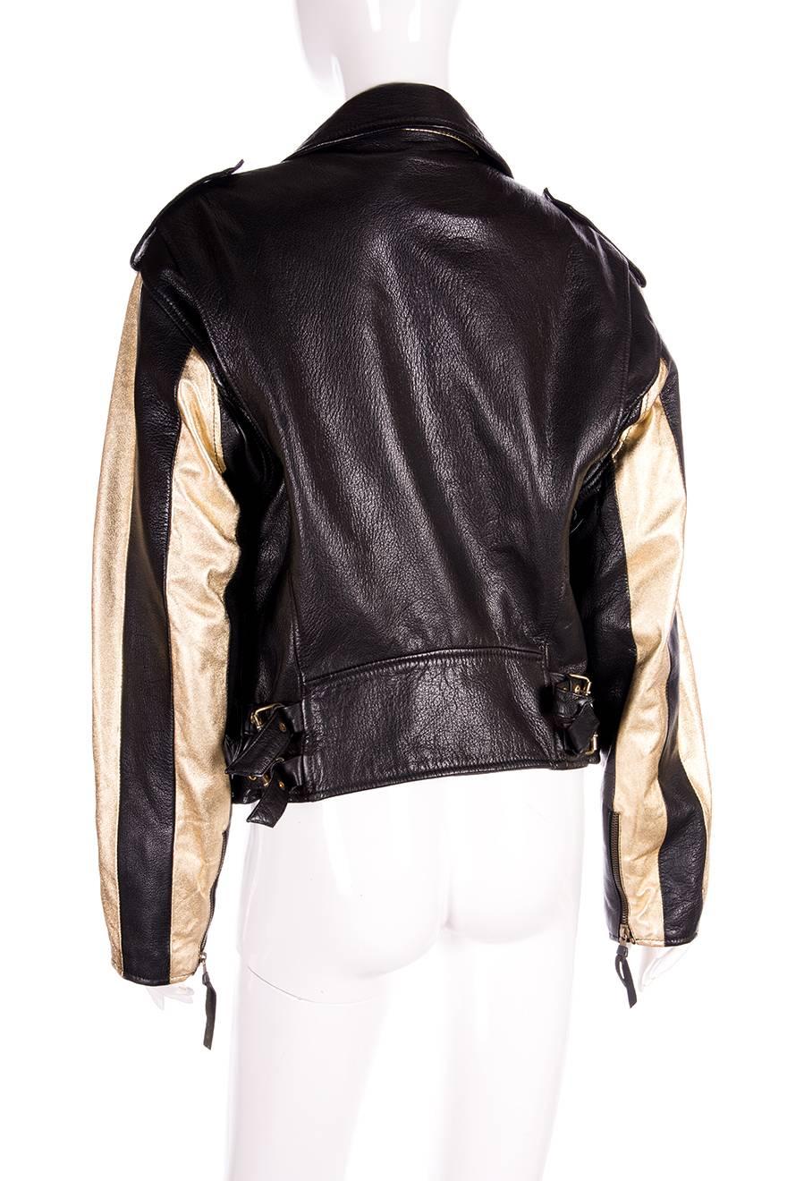 Black Moschino Leather Biker Jacket with Gold Stripe Sleeves