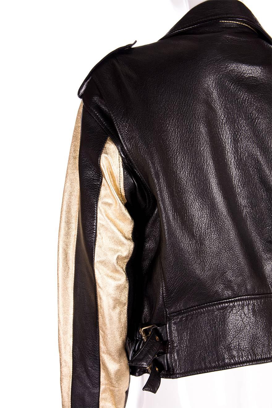 Women's Moschino Leather Biker Jacket with Gold Stripe Sleeves
