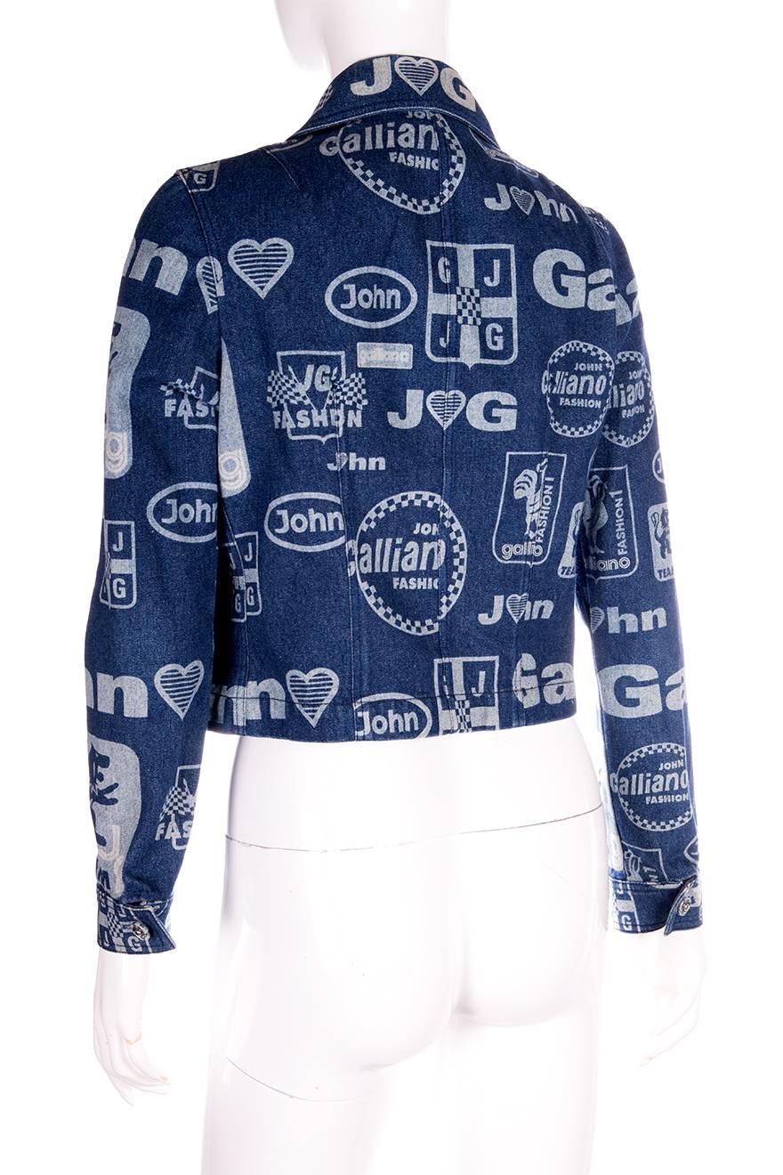 Zip up denim jacket by John Galliano in an iconic Formula 1 inspired logo print.  Circa early '00s

Excellent condition demonstrating little to no signs of visible wear

Marked size: 38 (FR)
To fit: S
Chest: 46 cm
Waist: 42 cm
Length: 46 cm