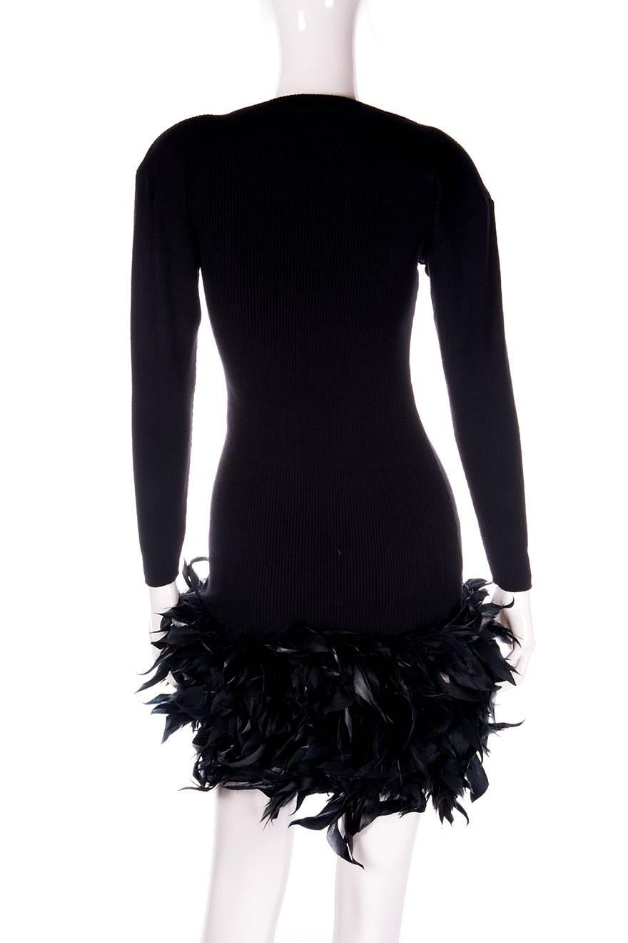 Black Yves Saint Laurent Rive Gauche 70s Feather Knit Dress