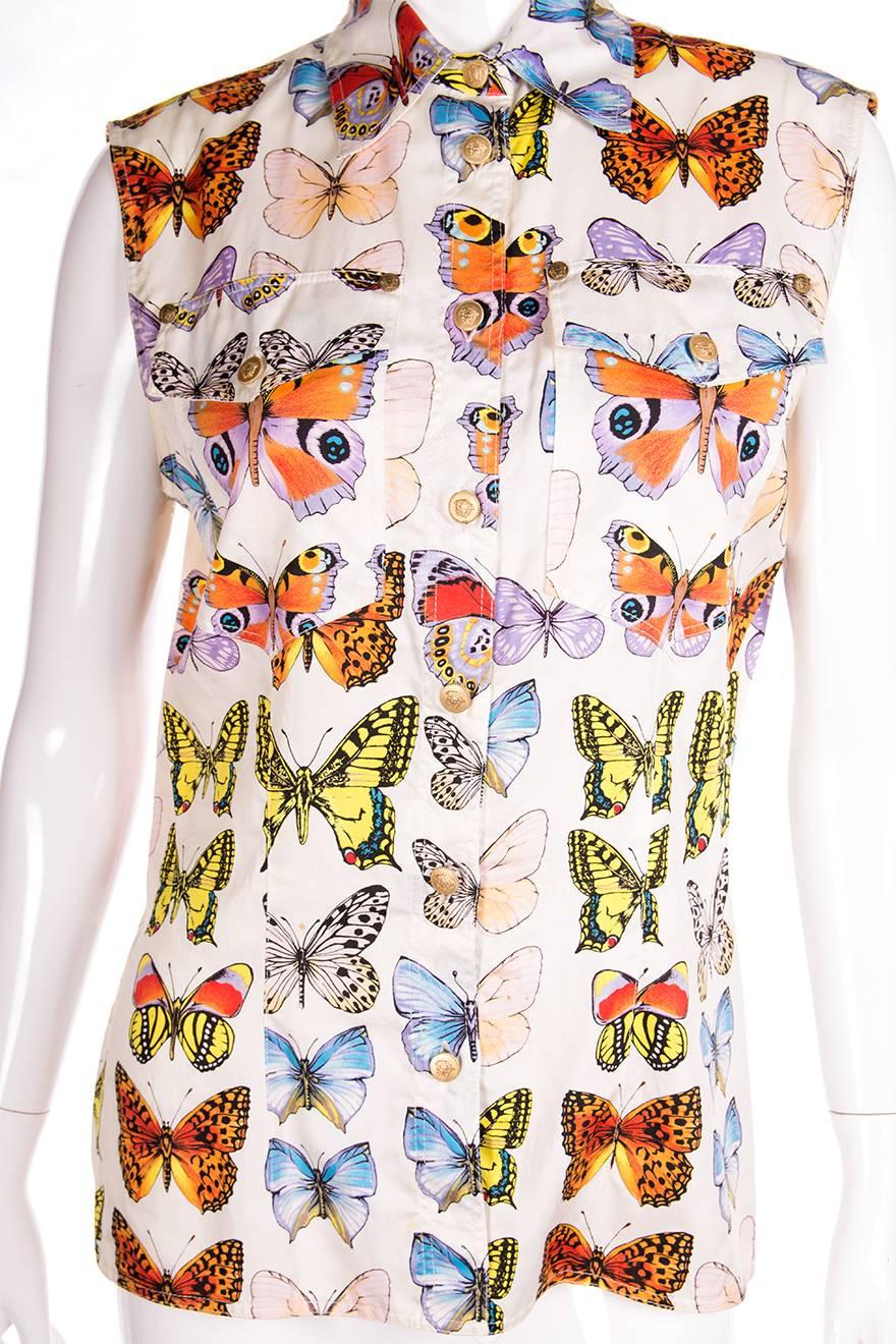 Beige Gianni Versace S/S 1995 Butterfly Print Top