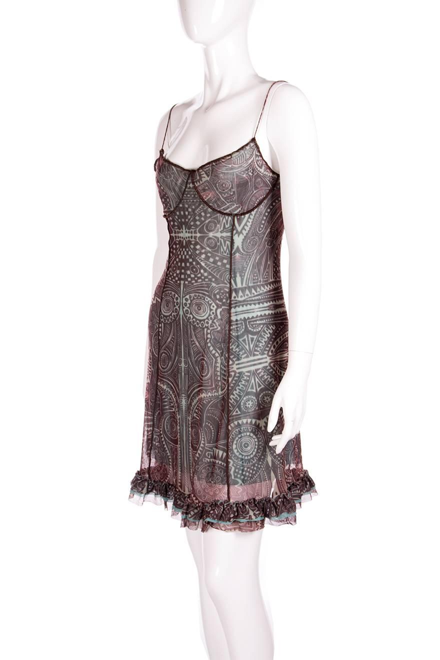 Gray Jean Paul Gaultier Vintage 1990s Tribal Print Sheer Dress For Sale