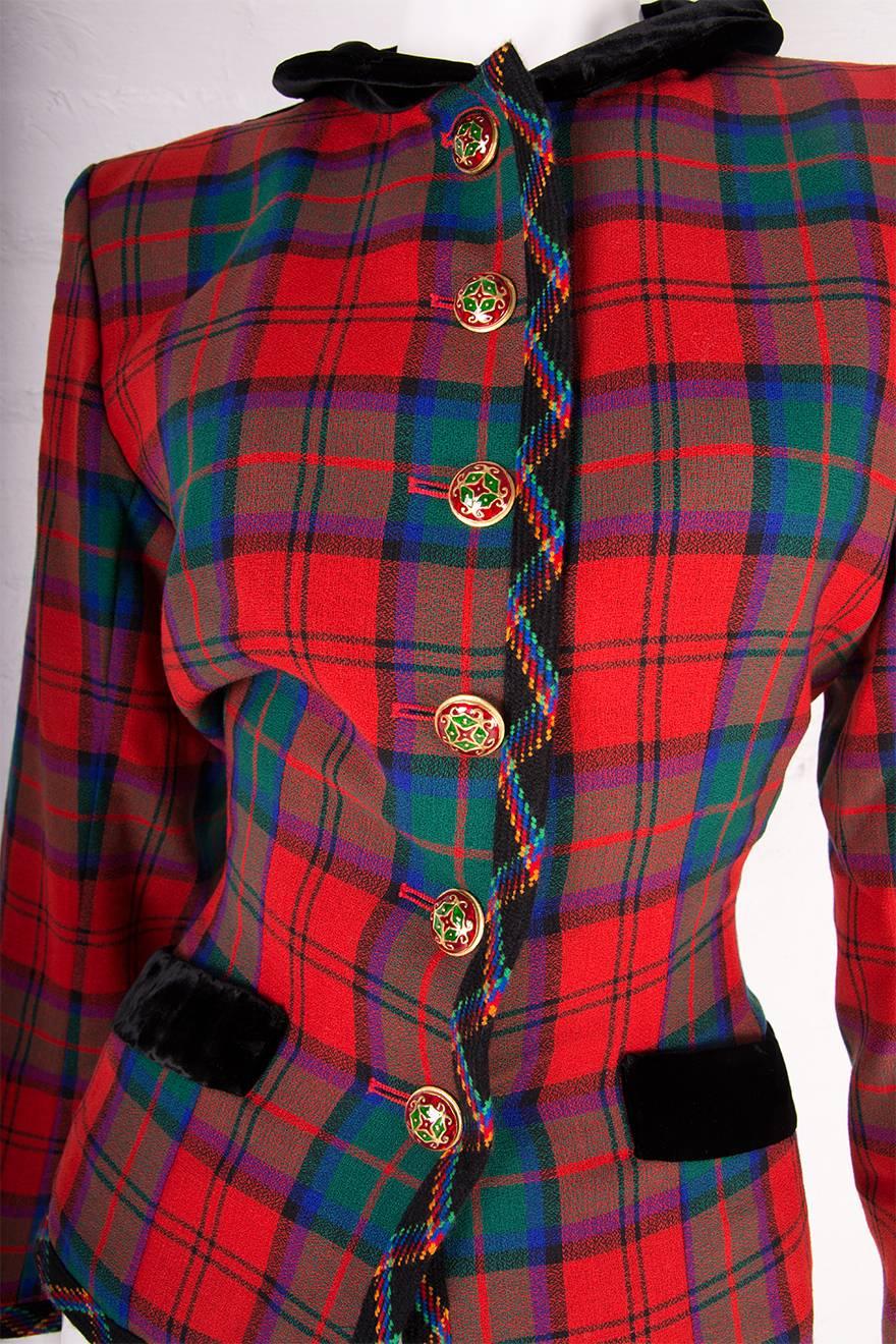 Yves Saint Laurent Rive Gauche Tartan Plaid and Velvet Bow Jacket In Excellent Condition For Sale In Brunswick West, Victoria