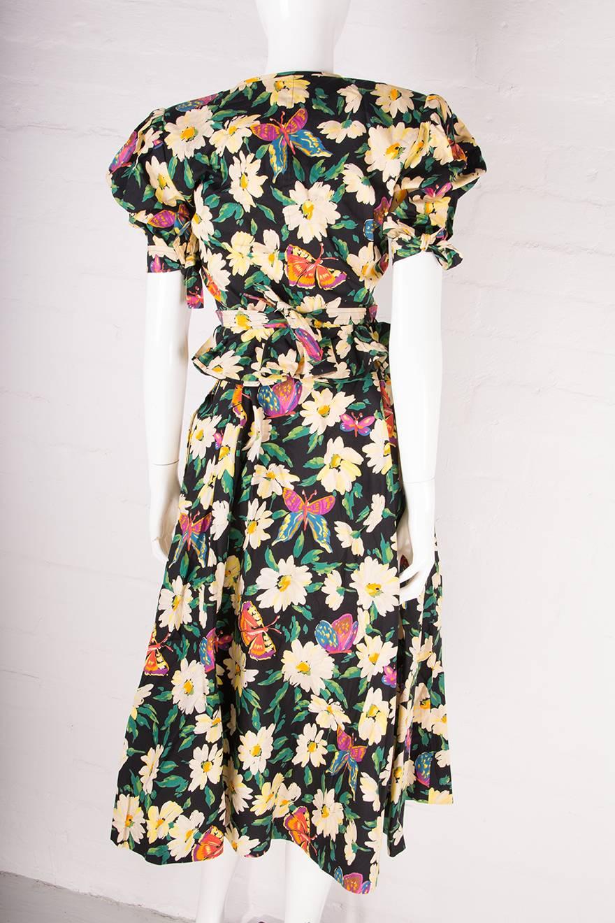Ungaro Floral Butterfly Puff Sleeve Skirt Set In Good Condition In Brunswick West, Victoria