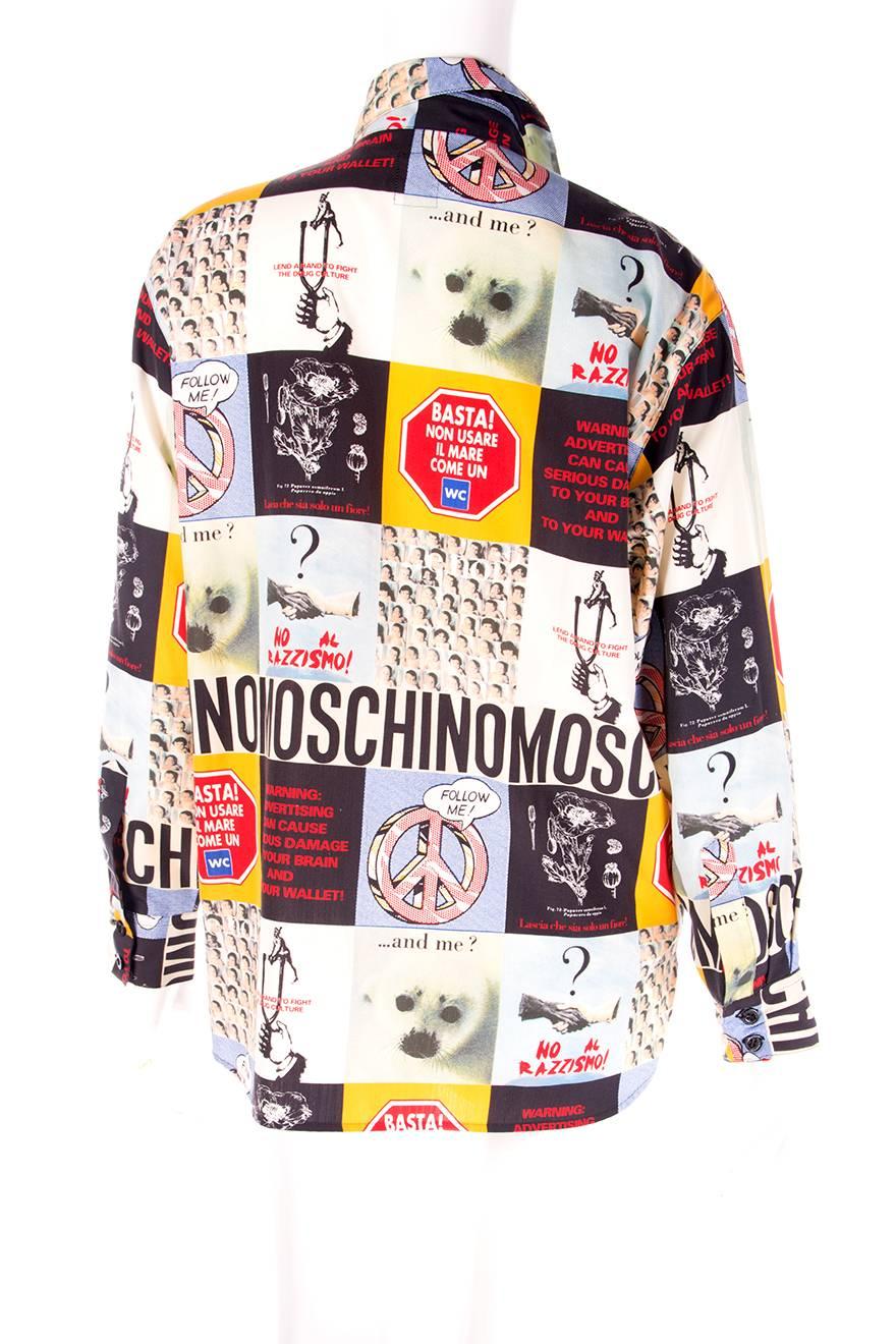 Rare and iconic printed shirt by the Moschino Jeans line.  Slogans include 