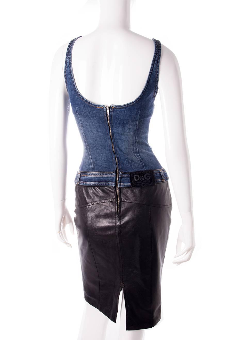 Black Dolce and Gabanna D&G Vintage Pleather and Denim Lace Up Dress