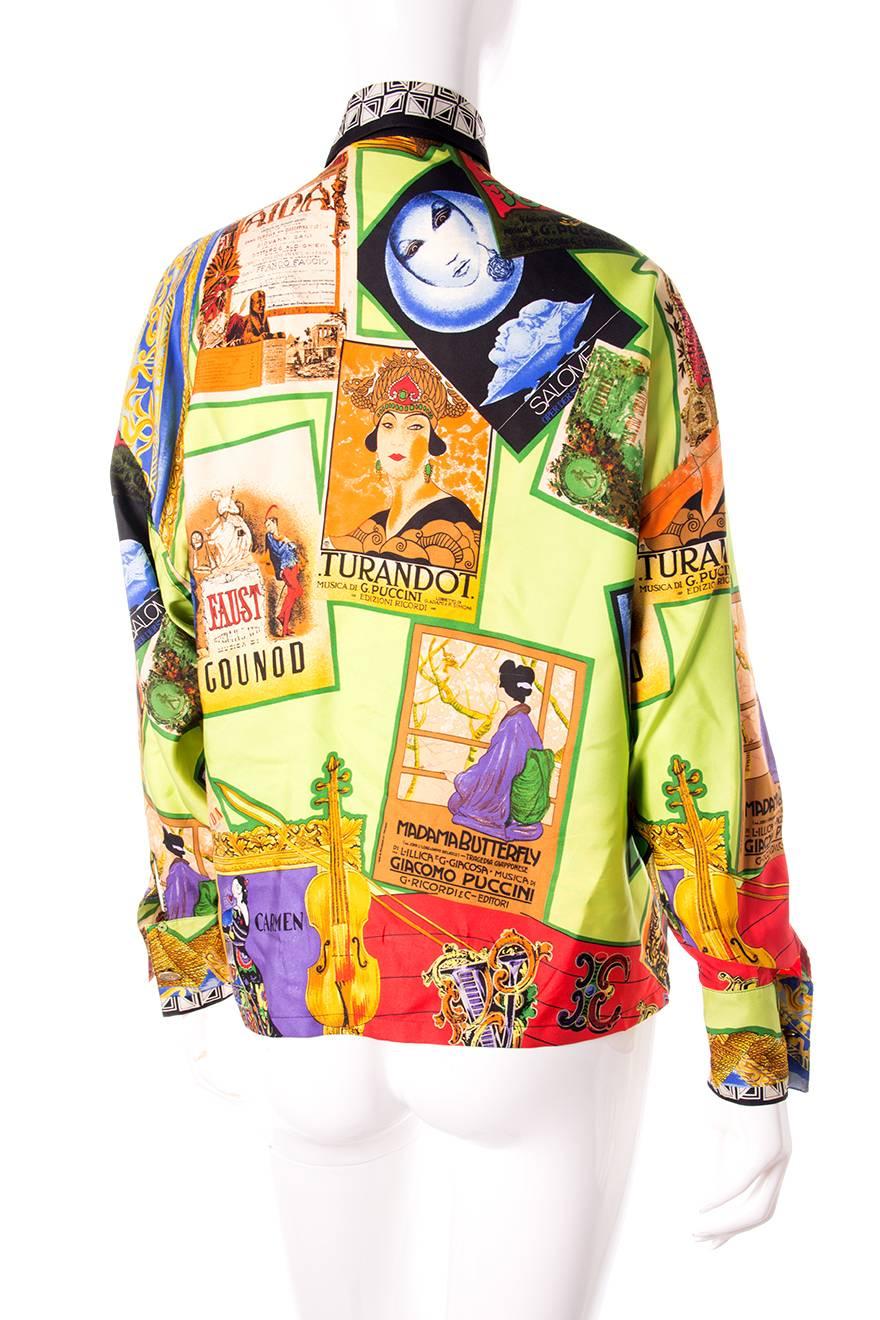 Rare theatrical print silk shirt by Gianni Versace. Print features old opera posters including Madame Butterfly, Turandot, Salome and Carmen. Circa 90s.  
Very good condition, some very subtle colour bleed on both of the arms. This is very difficult