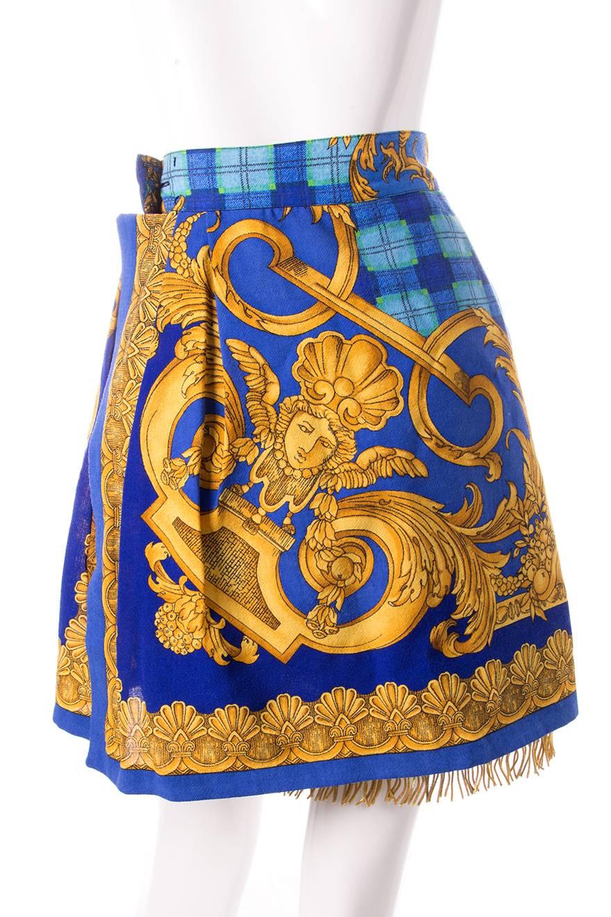 Brown Gianni Versace Baroque Print Gold Fringe Skirt For Sale