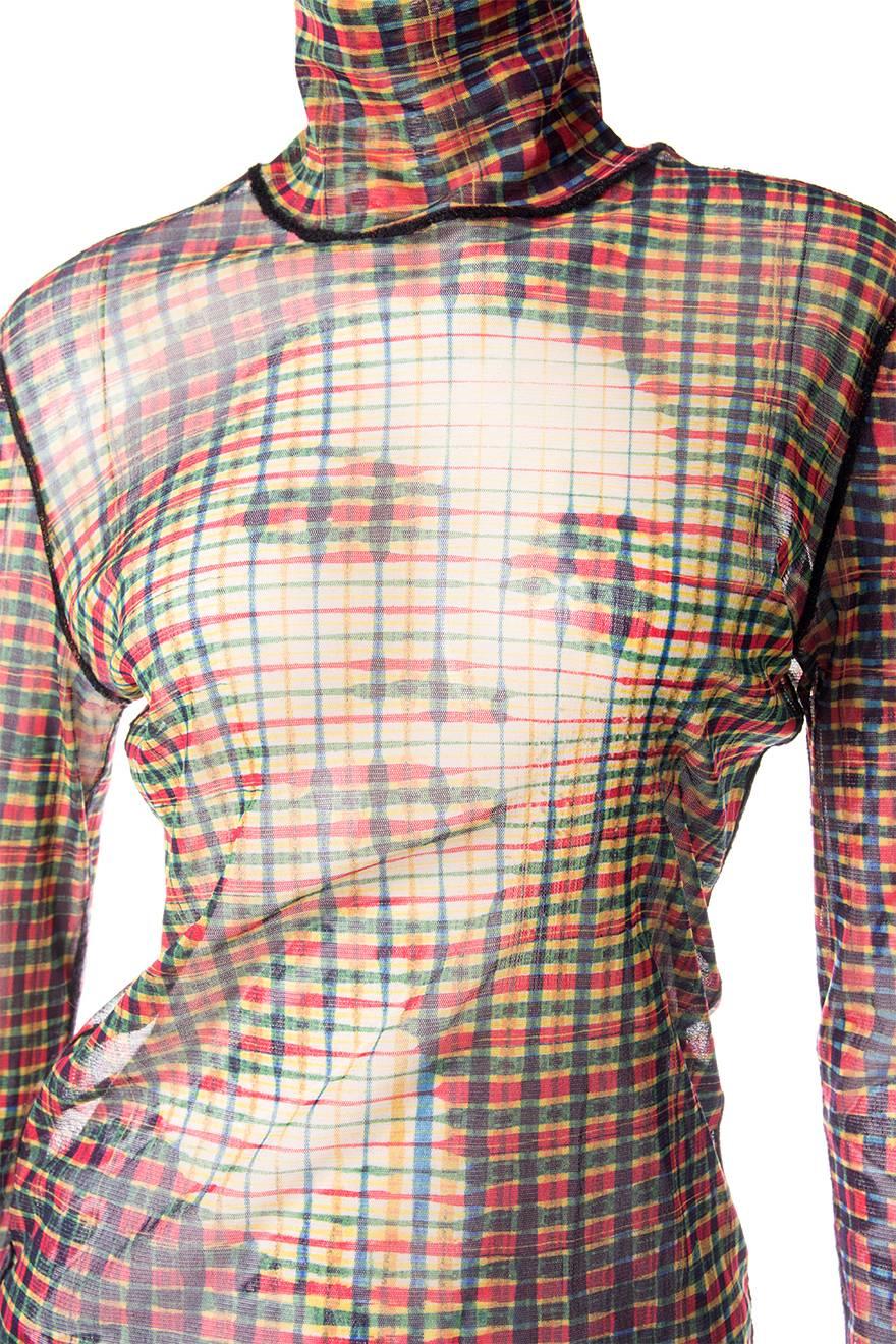 Jean Paul Gaultier Sheer Face Print Plaid Top In Excellent Condition In Brunswick West, Victoria