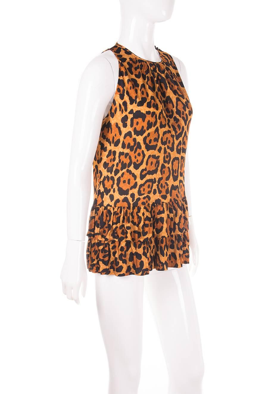 Brown Christian Dior Leopard Animal Print Ruffle Tunic Top For Sale