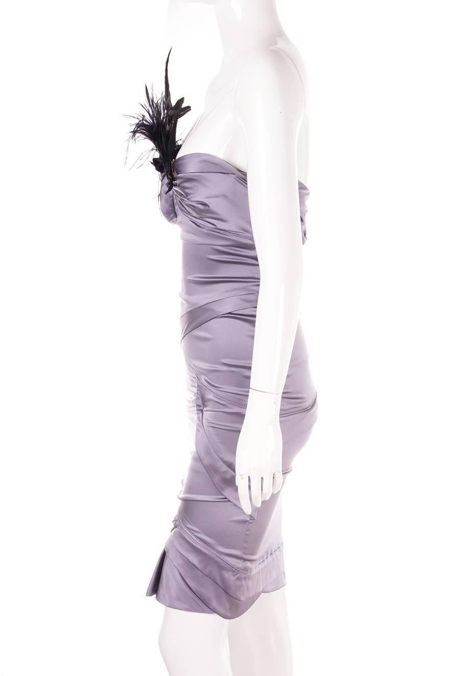 Gray Tom Ford Gucci Grey Strapless Silk Dress with Velvet Feather Pin