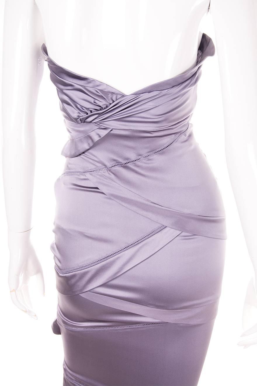 Women's Tom Ford Gucci Grey Strapless Silk Dress with Velvet Feather Pin