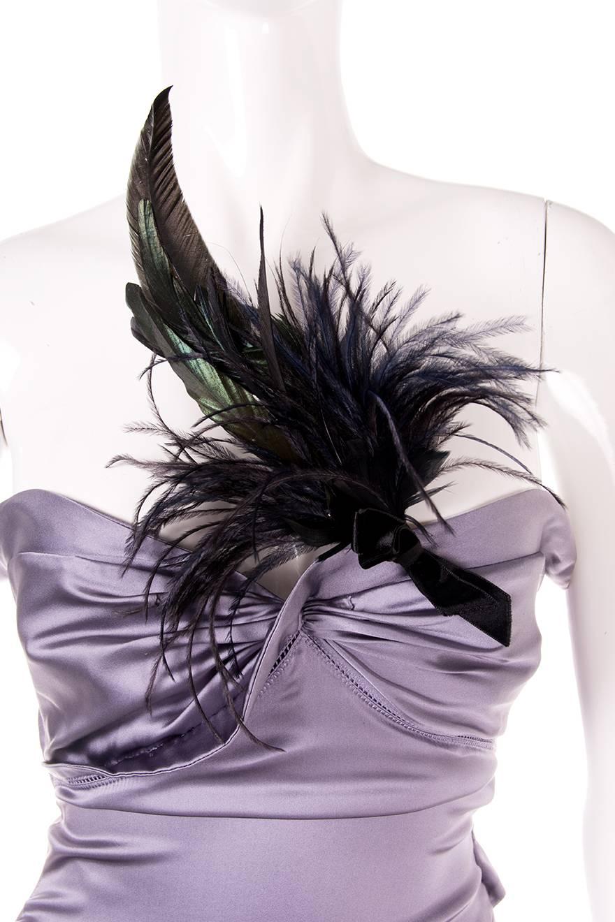 Tom Ford Gucci Grey Strapless Silk Dress with Velvet Feather Pin 1