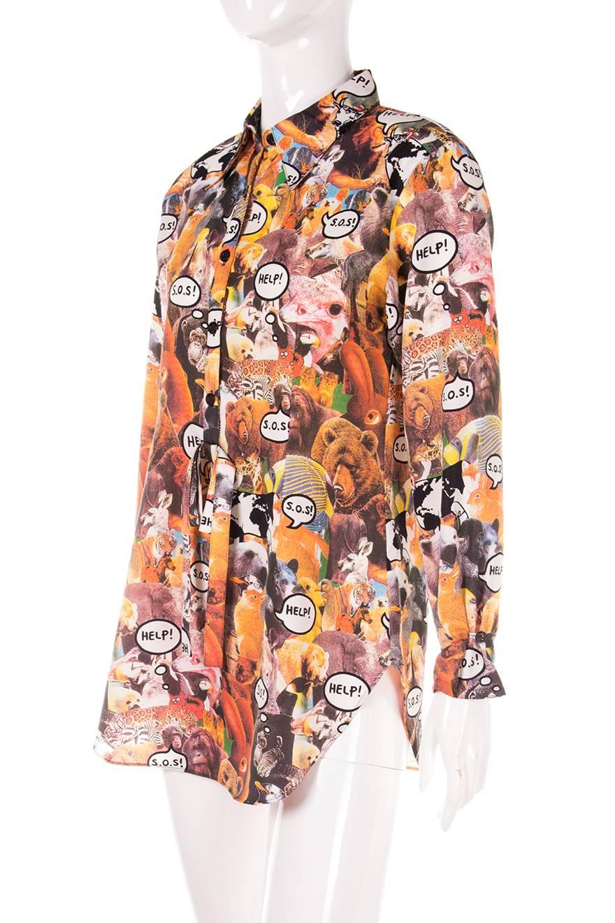 Fashion with a social conscience. This rare shirt by Moschino is covered in animals saying “Help” and “S.O.S”. Circa 90s.
Excellent condition demonstrating little to no visible signs of wear.

Marked size: No marked size
To fit: M
Chest: 47