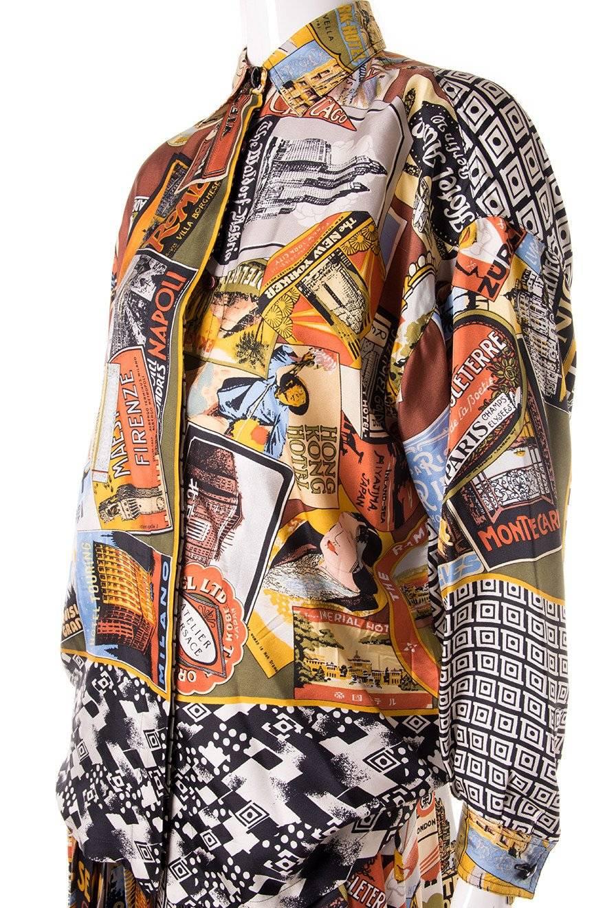 Gianni Versace Postcard Print Silk Shirt and Pleated Skirt In Excellent Condition For Sale In Brunswick West, Victoria