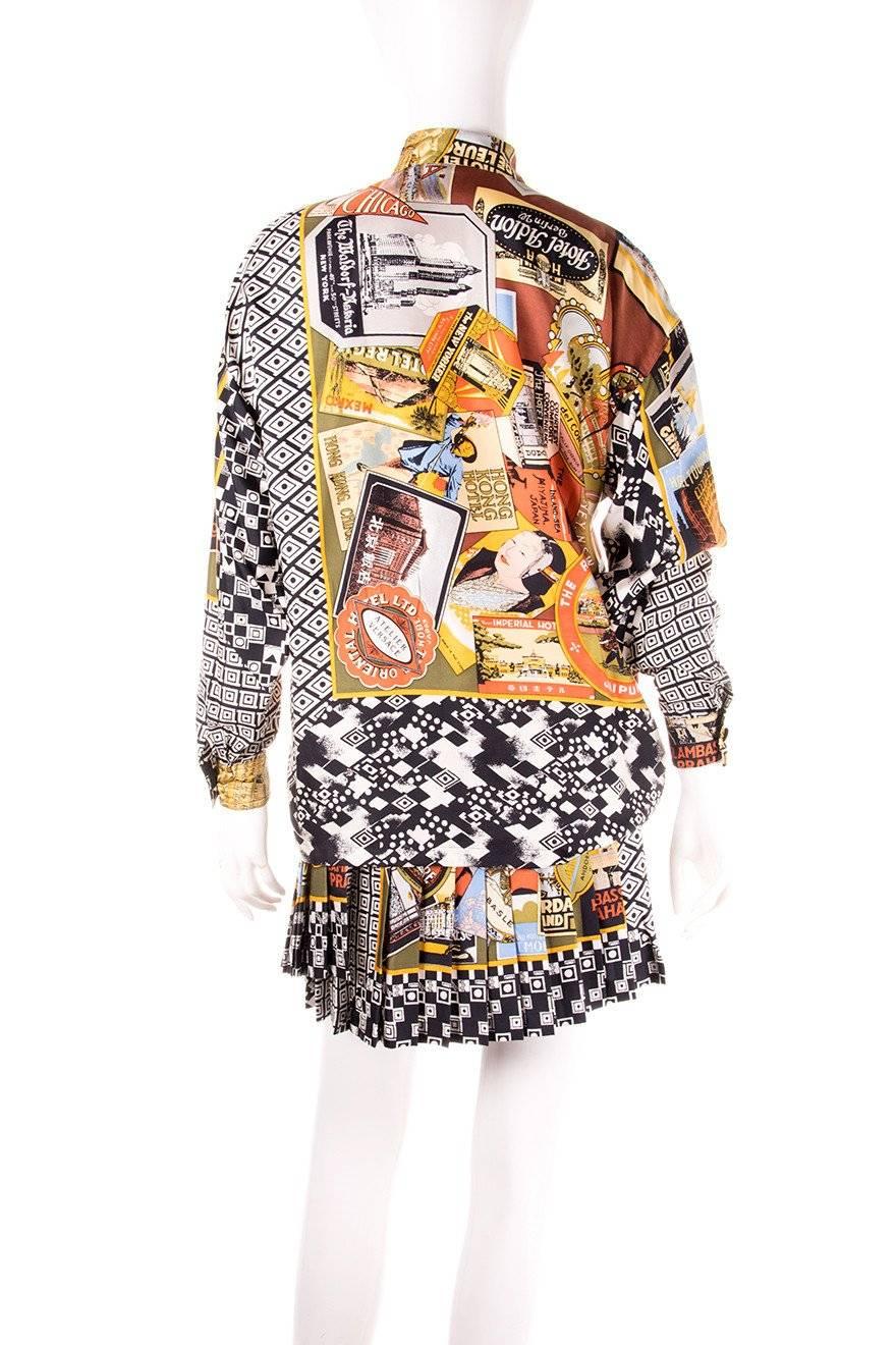 Women's Gianni Versace Postcard Print Silk Shirt and Pleated Skirt For Sale