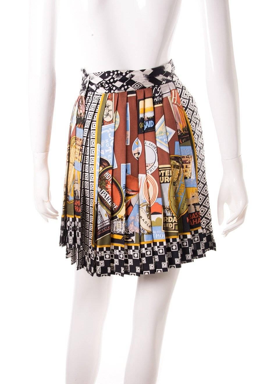 Gianni Versace Postcard Print Silk Shirt and Pleated Skirt For Sale 1