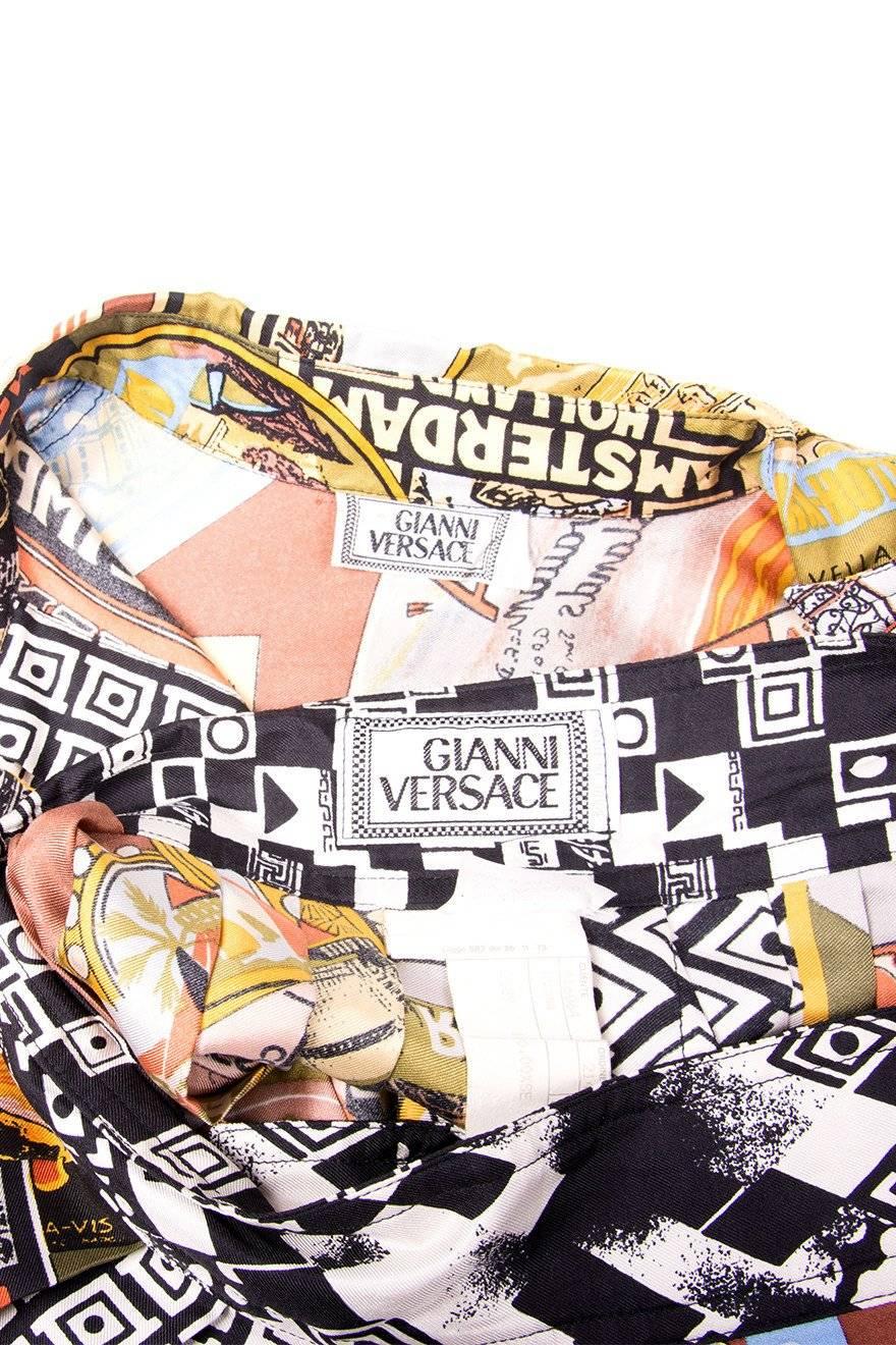 Gianni Versace Postcard Print Silk Shirt and Pleated Skirt For Sale 3
