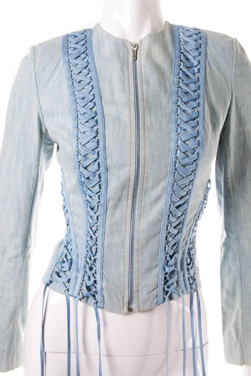 Gray Christian Dior Lace Up Denim Jacket For Sale