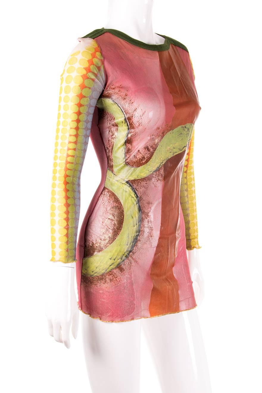 Sheer dress by Jean Paul Gaultier with an image of a snake across the front.  Extra short length. Circa 1996.

Very good condition demonstrating few visible signs of wear.

 

Marked size: No marked size

To fit: S

 

Chest: 39-44 cm

Waist: 34