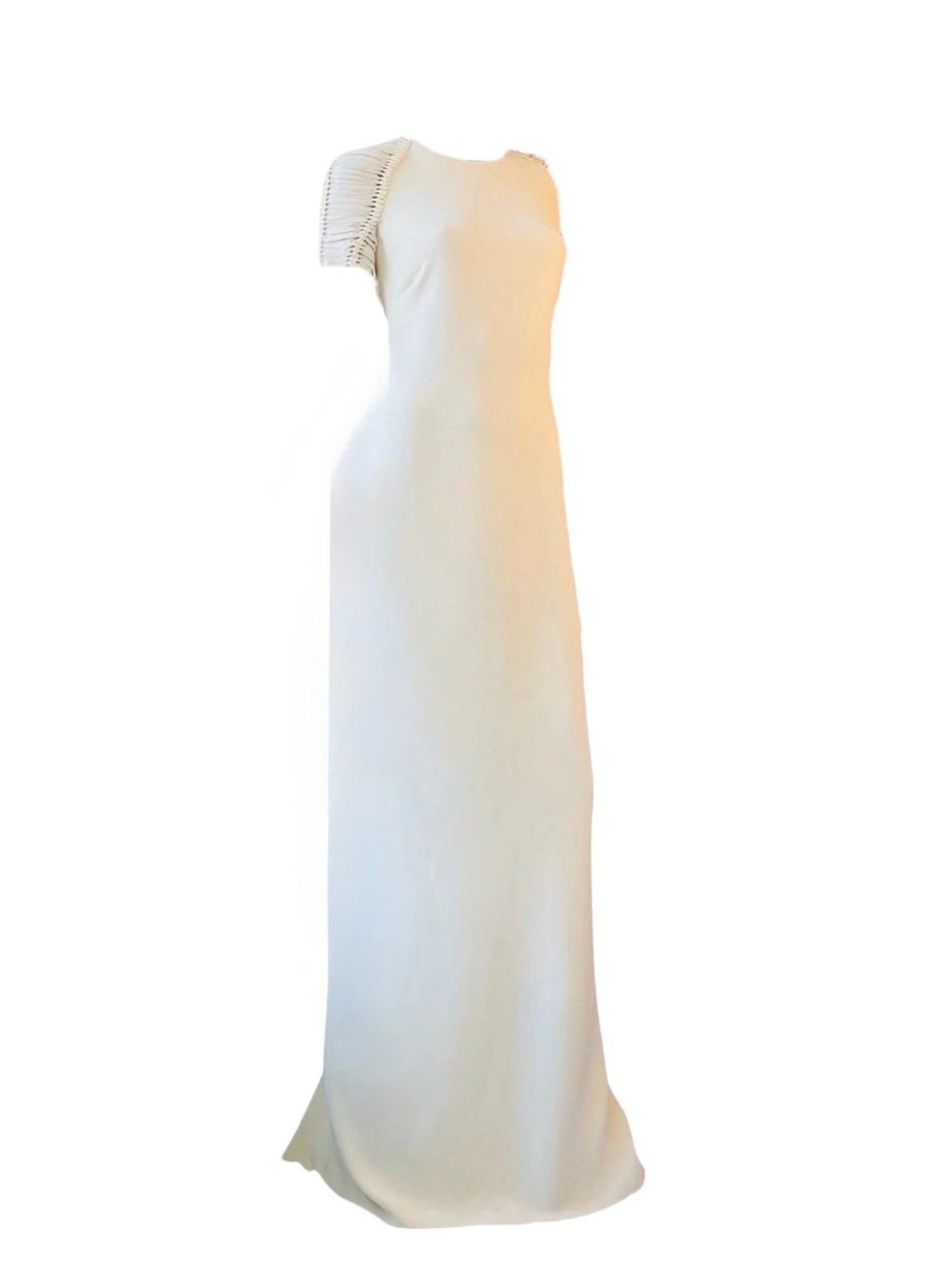 Grigio Ralph Lauren Purple Label Abito in seta bianca con maniche increspate in macramè, primavera 20 in vendita