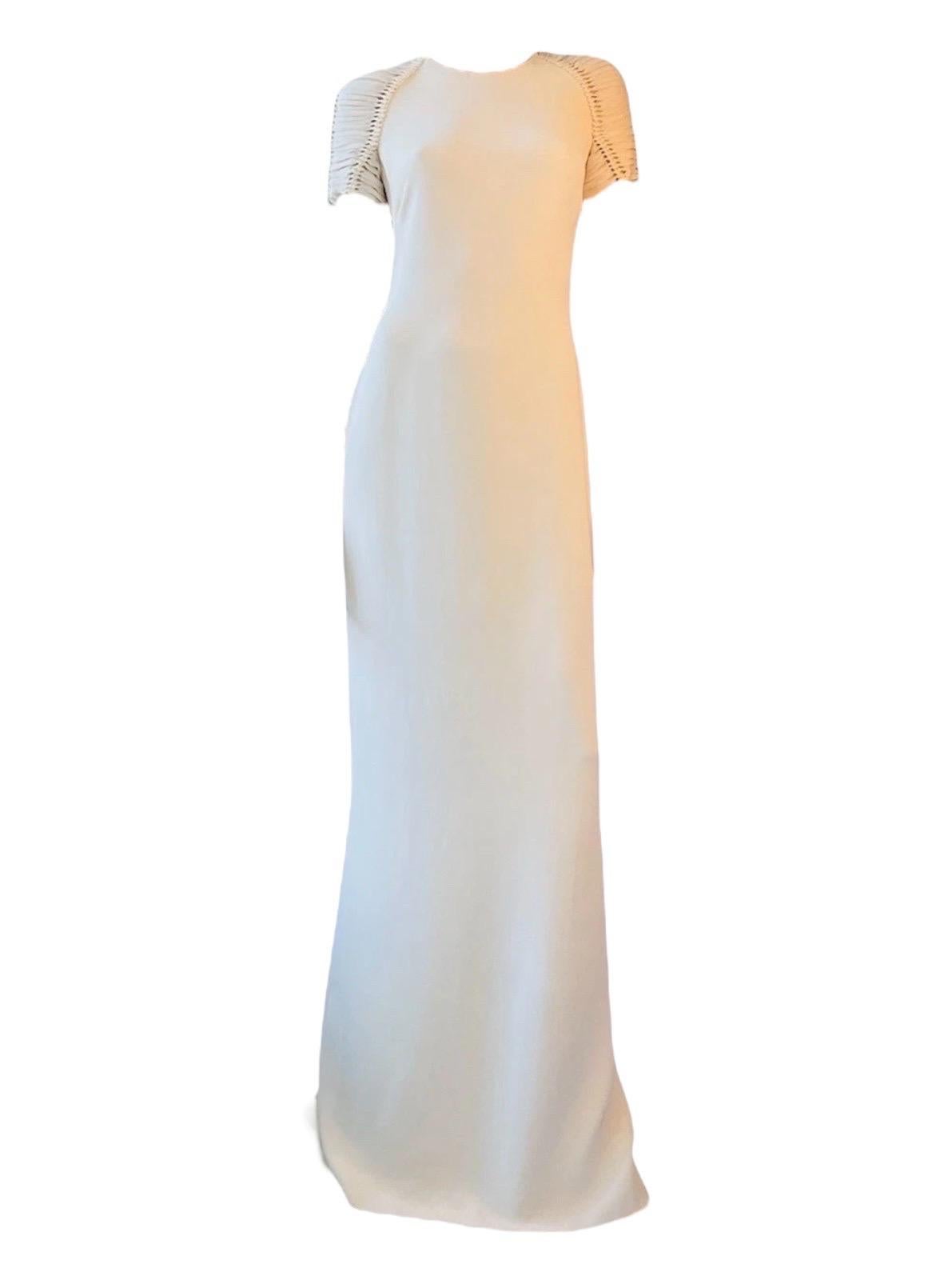 Donna Ralph Lauren Purple Label Abito in seta bianca con maniche increspate in macramè, primavera 20 in vendita