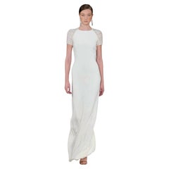 Ralph Lauren Purple Label White Silk Gown with Ruched Macramé Sleeves, Spring 20